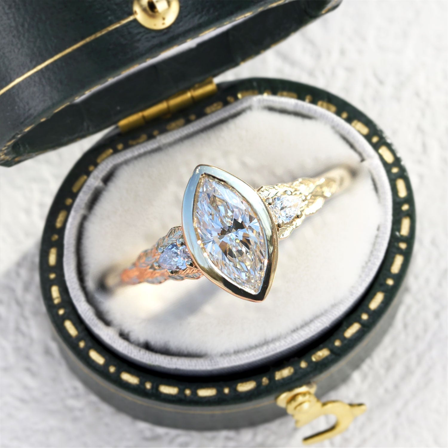 Aspen Bezel Marquise Moissanite Engagement Ring - Orlina Jewelry