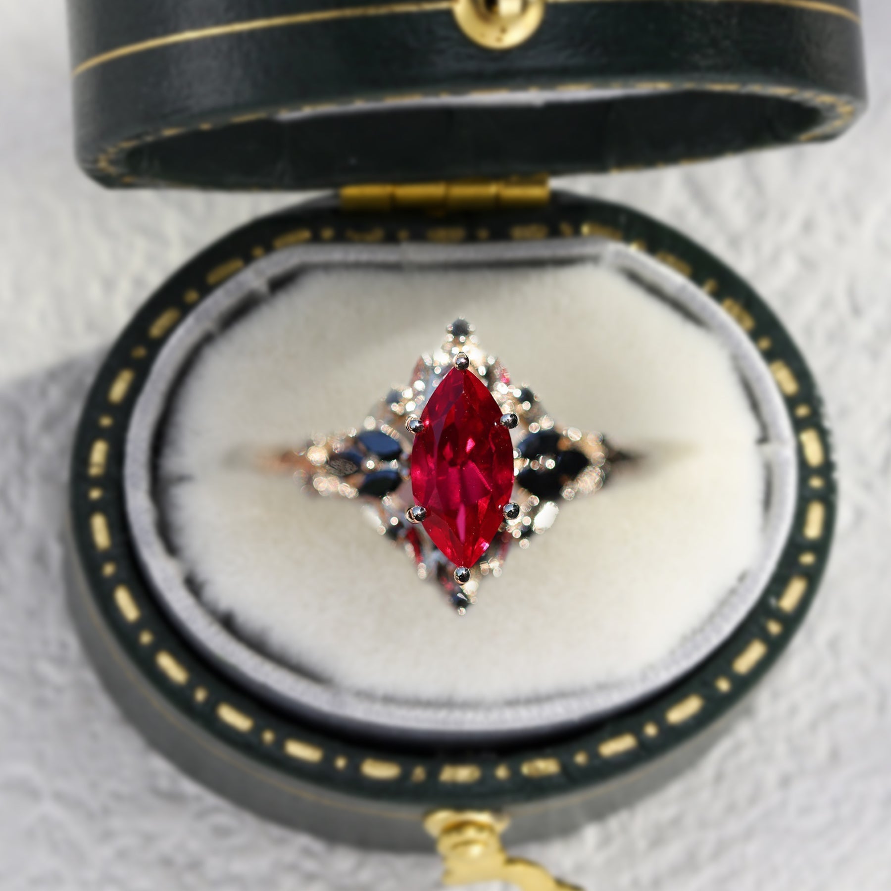 Unique Starlight Marquise Lab Ruby and Black Onyx 18K Yellow Gold Ring
