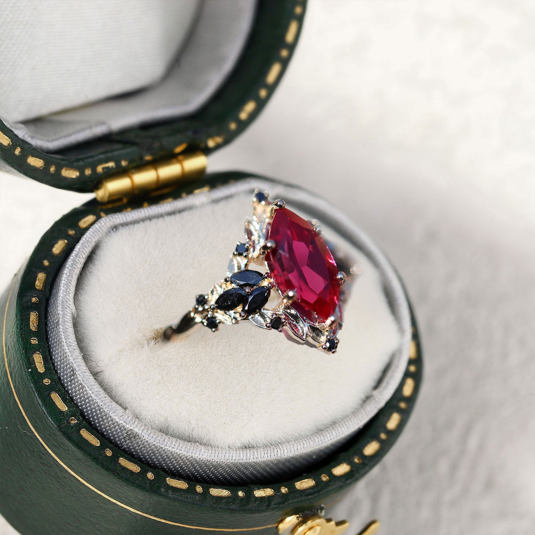 Unique Starlight Marquise Lab Ruby and Black Onyx 18K Yellow Gold Ring