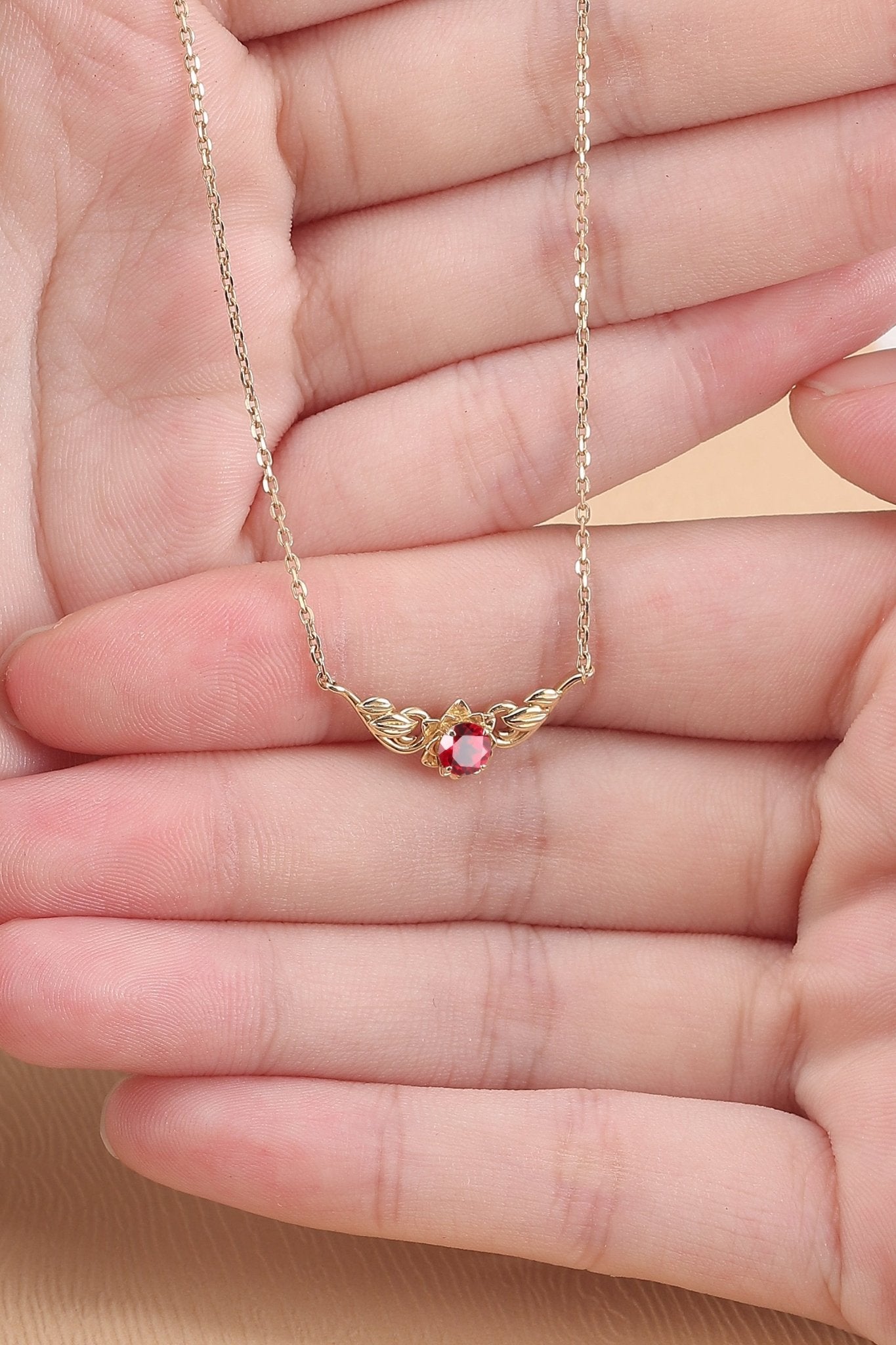 Unique Round Cut Lab Ruby Flora Necklace - Oore Jewelry