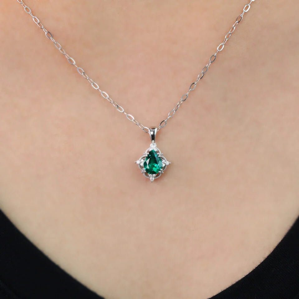 Vintage Pear Cut Lab Emerald Halo Pendant Necklace - Oore Jewelry