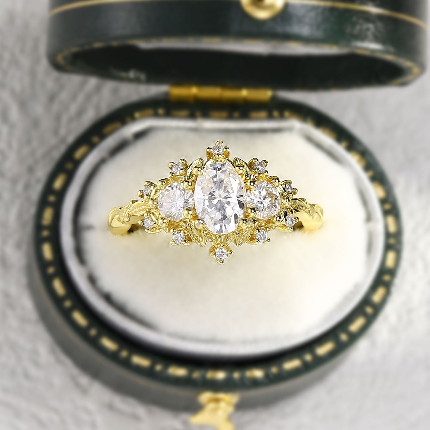 Unique floral engagement rings Briar Rose Three Stone Oval Moissanite 18K Yellow Gold Ring