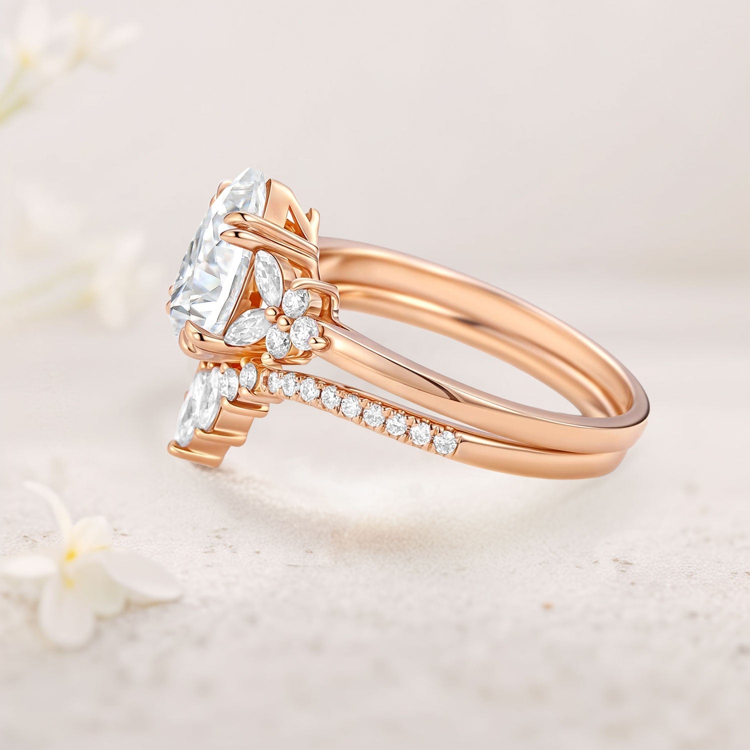 Unique Cluster Pear Moissanite 18K Rose Gold Chevron Wedding Ring Set