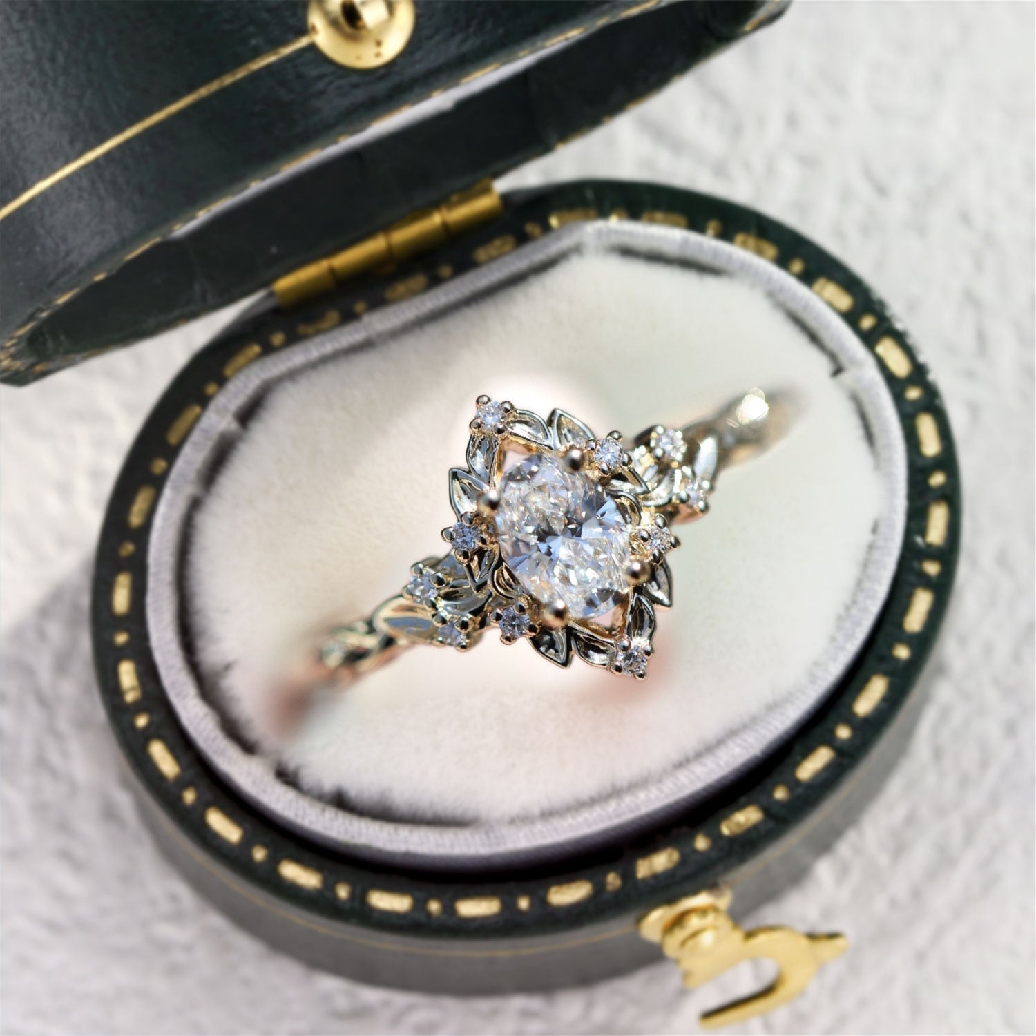 Unique Briar Rose Halo Oval Oval Moissanite Ring - Oore Jewelry