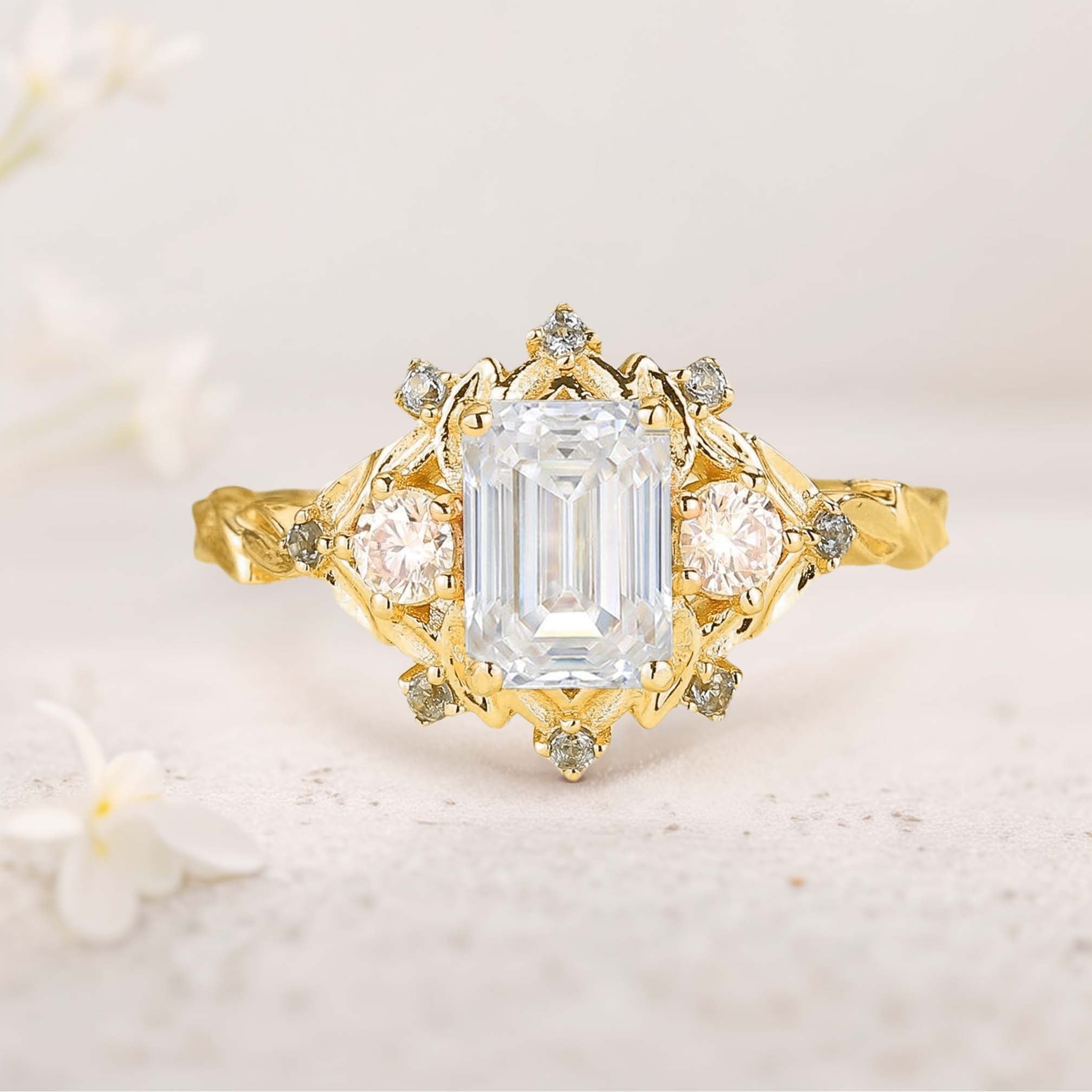 Vintage floral engagement rings Three Stone Emerald cut Moissanite 18K Yellow Gold ring Promise ring