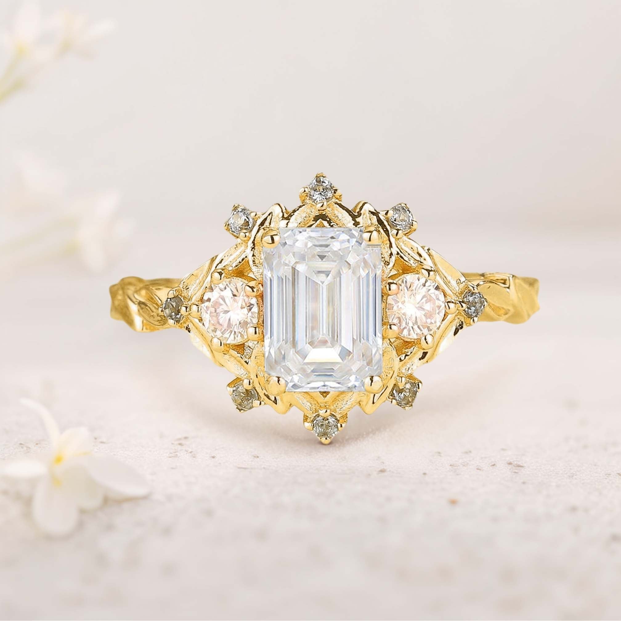 Vintage floral engagement rings Three Stone Emerald cut Moissanite 18K Yellow Gold ring Promise ring