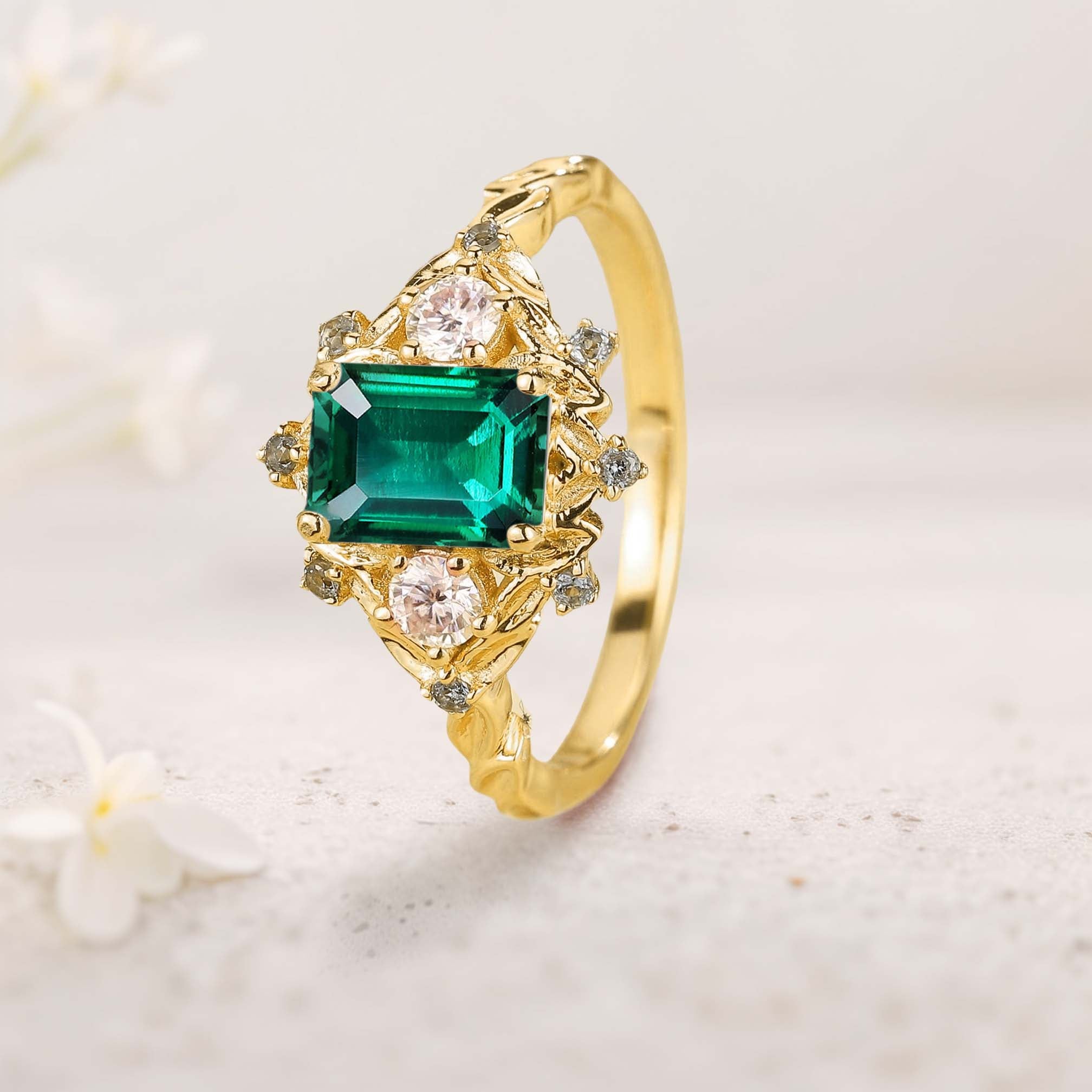 Vintage floral engagement rings Three Stone Lab Emerald 18K Yellow Gold Engagement ring Fairy ring