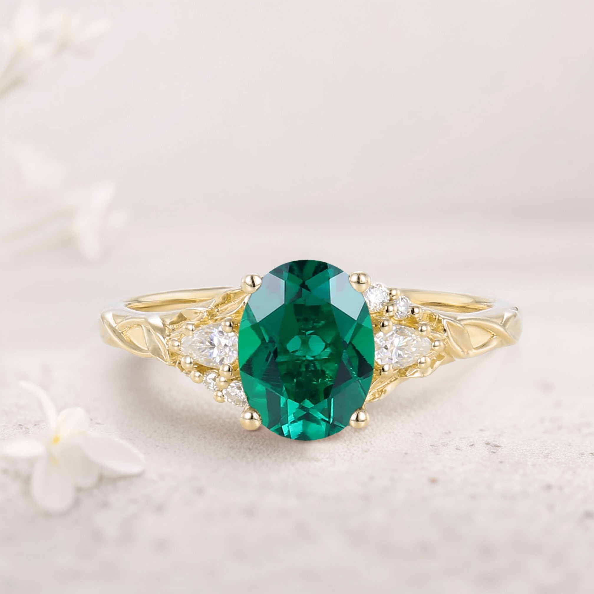 Unique Oval Lab Emerald and Moissanite 18K Yellow Gold Wedding Ring