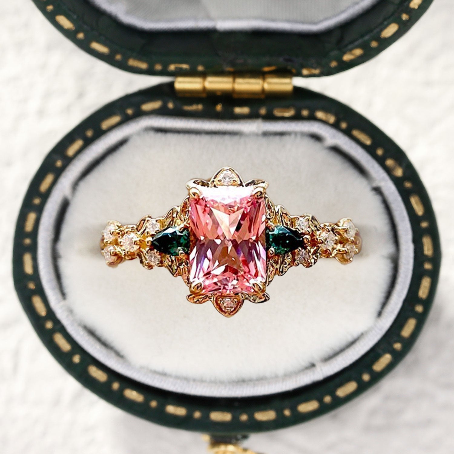 Vintage Emerald Cut Lab Padparadscha Engagement Ring Flower Wedding Ring - Oore Jewelry
