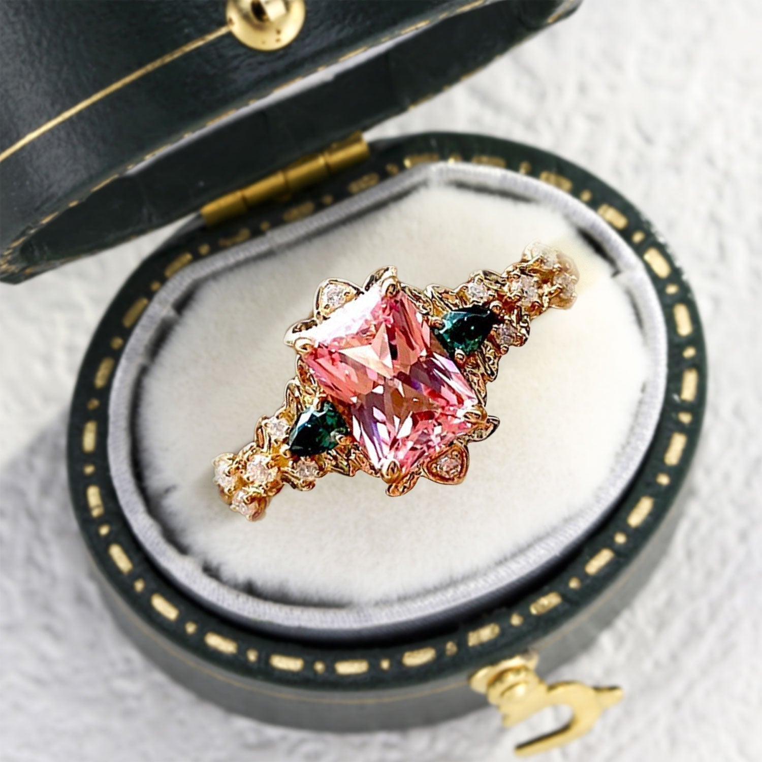 Vintage Emerald Cut Lab Padparadscha Engagement Ring Flower Wedding Ring - Oore Jewelry
