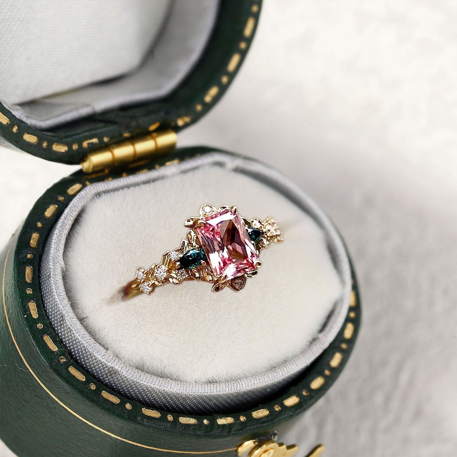 Vintage Emerald Cut Lab Padparadscha Engagement Ring Flower Wedding Ring - Oore Jewelry