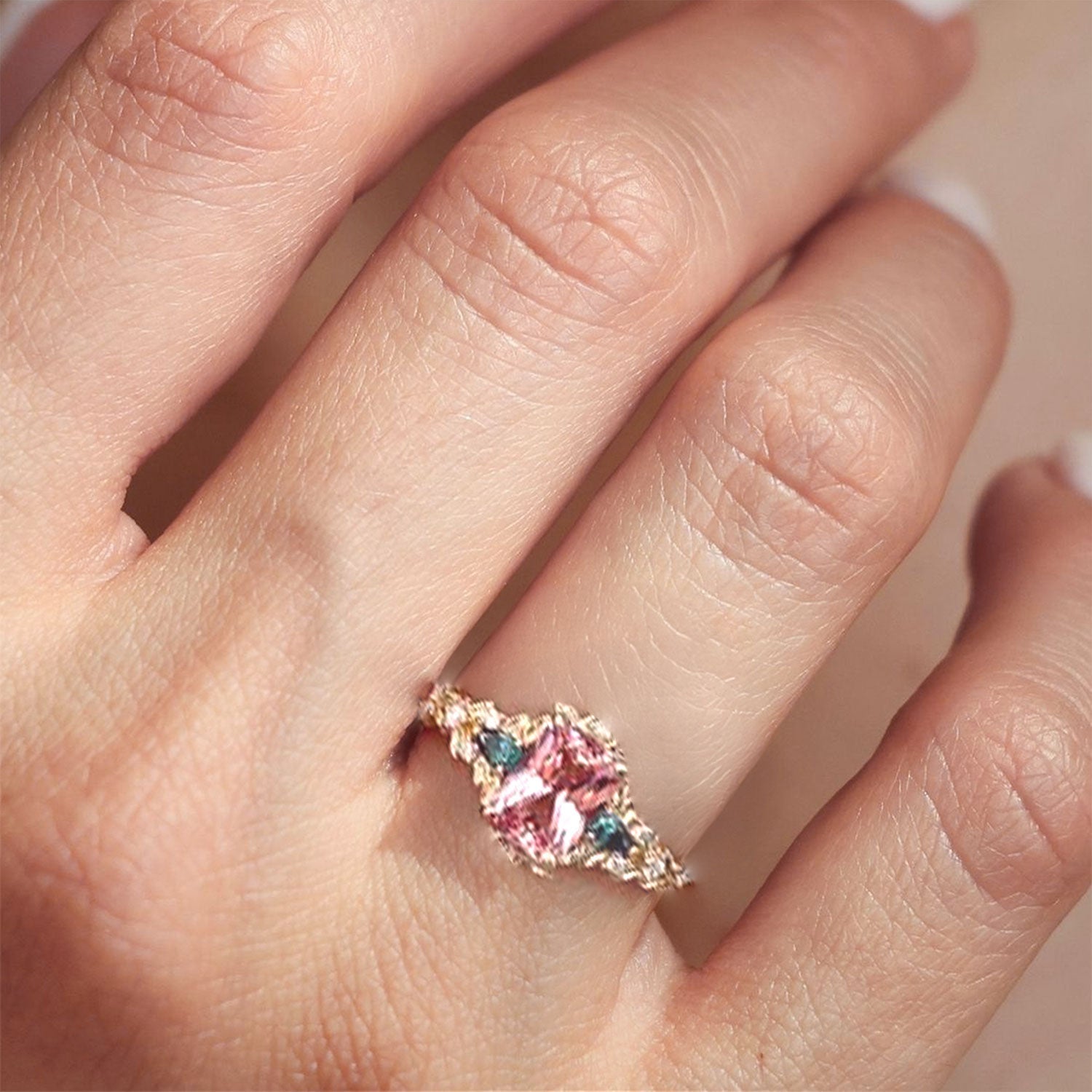 Vintage Emerald Cut Lab Padparadscha Engagement Ring Flower Wedding Ring - Oore Jewelry