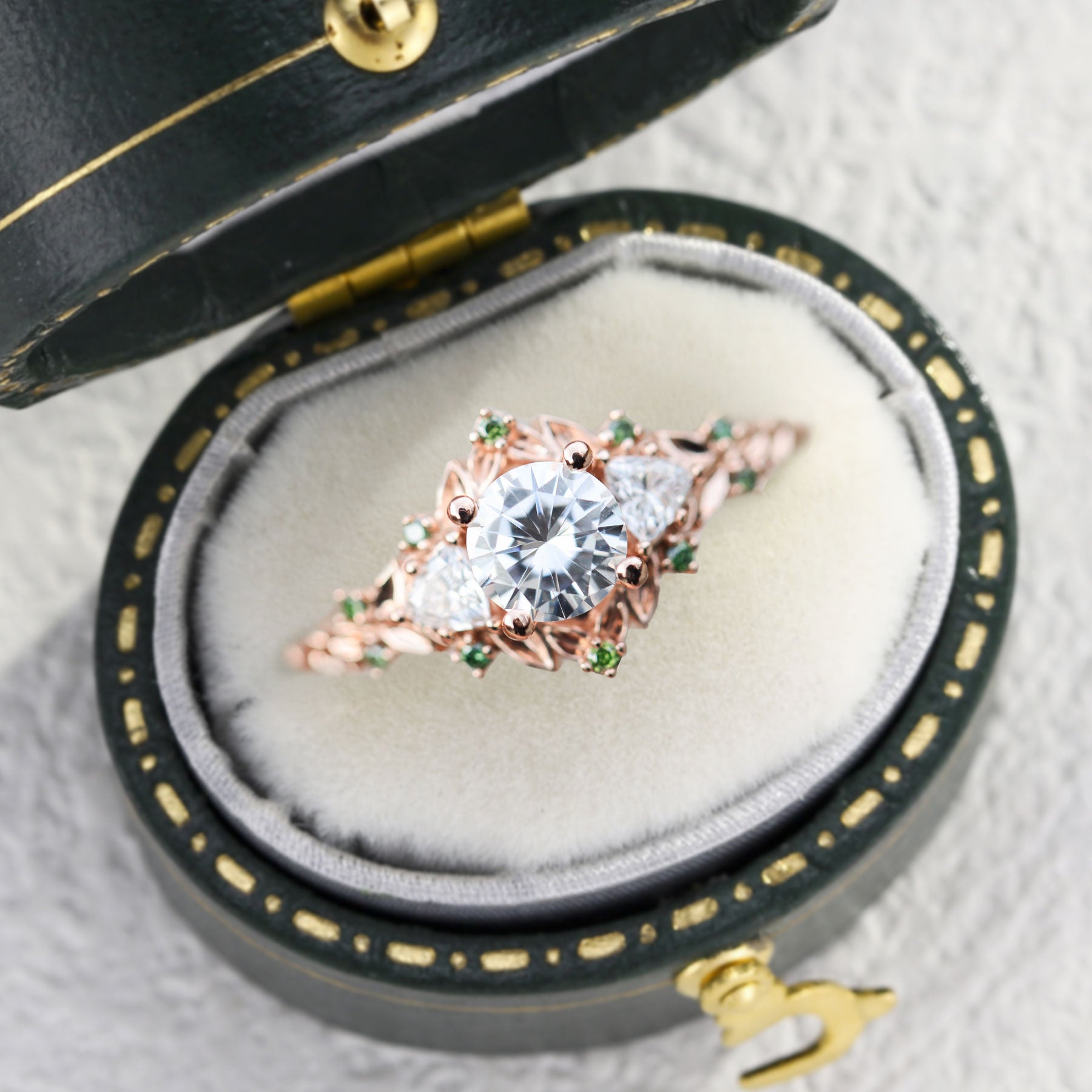 Unique Briar Rose Three Stone Round Moissanite and Green Moissanite 18K Yellow Gold accents Ring