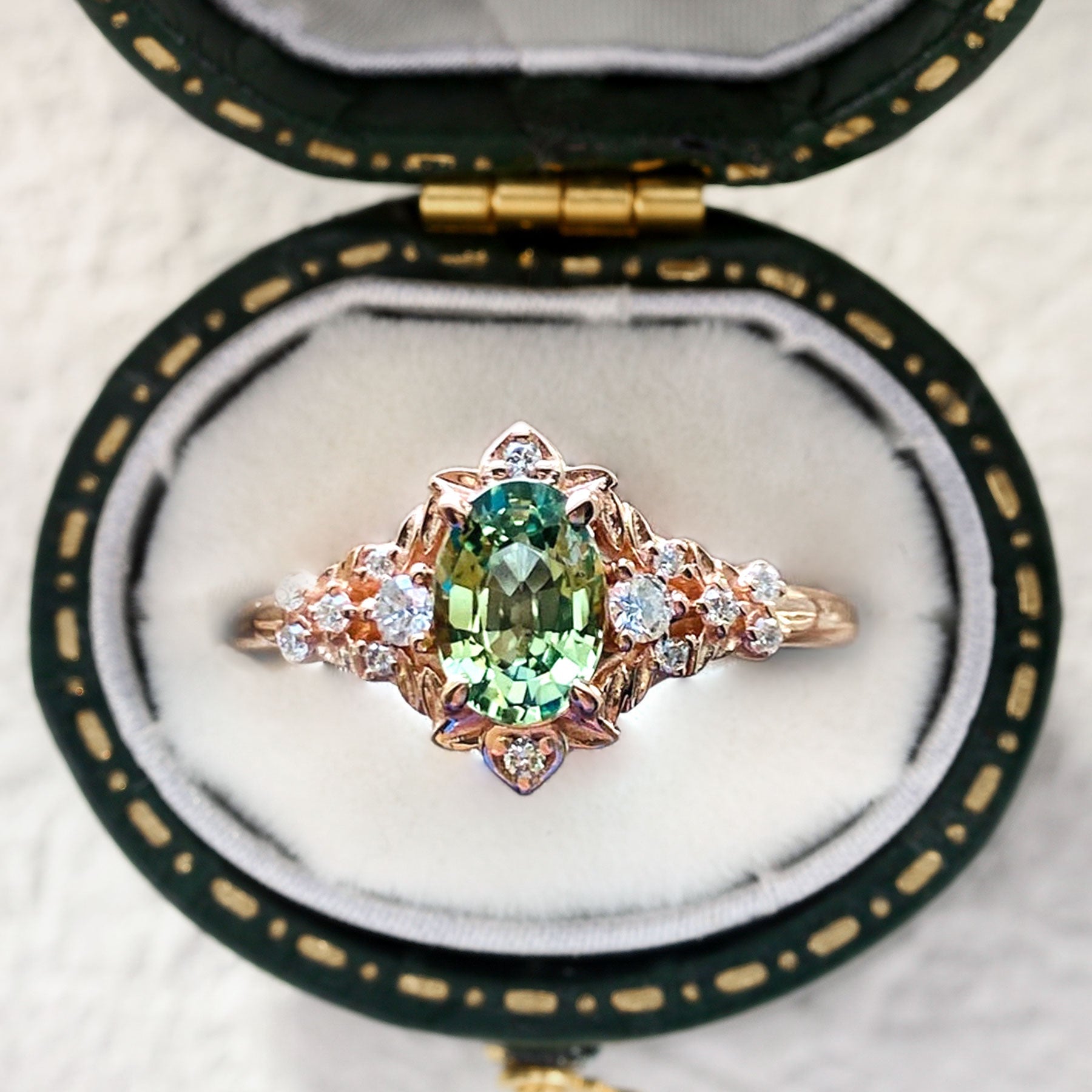 Vintage Arwen Spring Green Lab Sapphire and Moissanite Ring - Oore Jewelry
