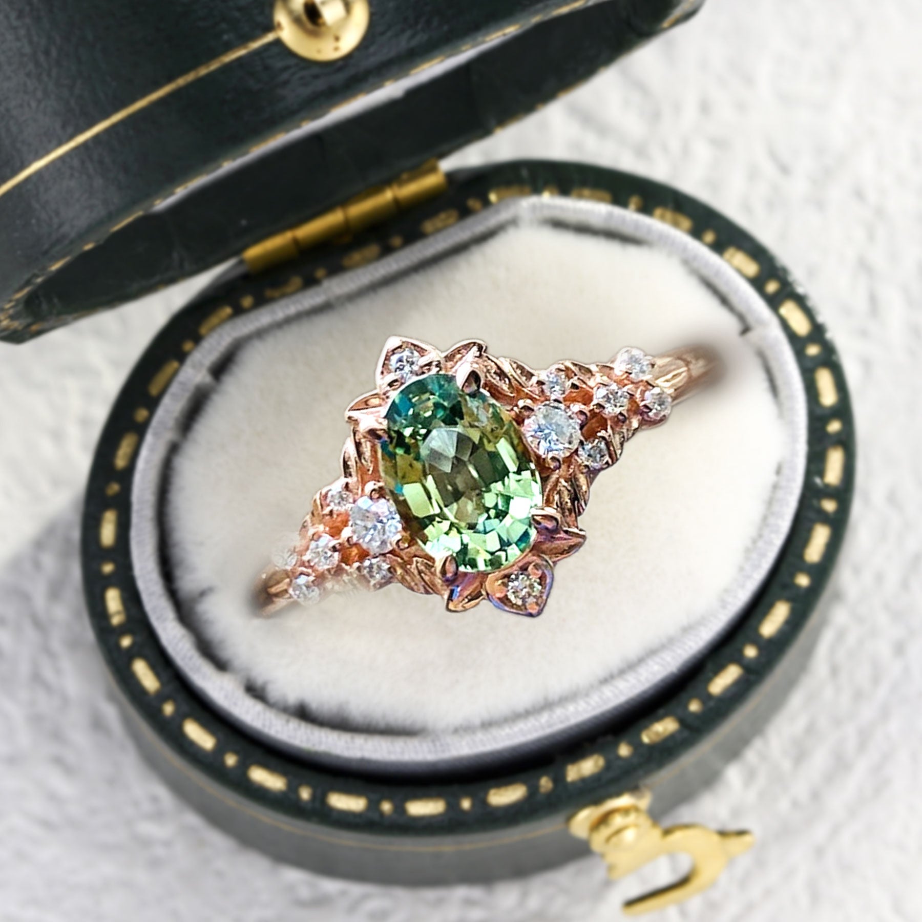 Vintage Arwen Spring Green Lab Sapphire and Moissanite Ring - Oore Jewelry