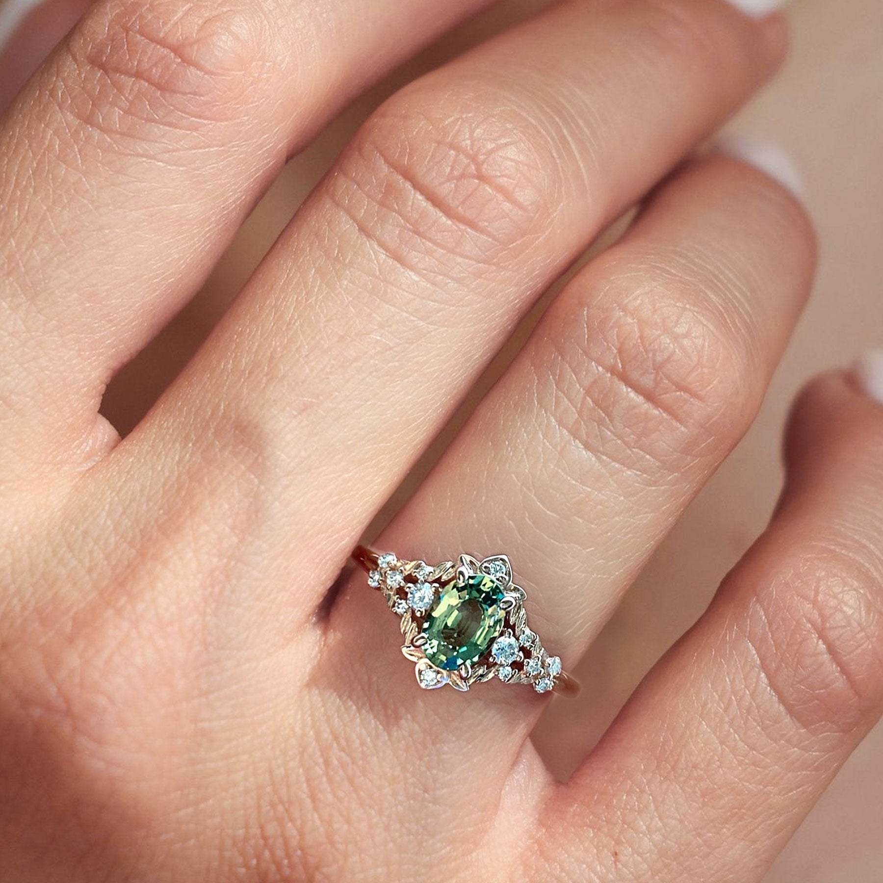 Vintage Arwen Spring Green Lab Sapphire and Moissanite Ring - Oore Jewelry