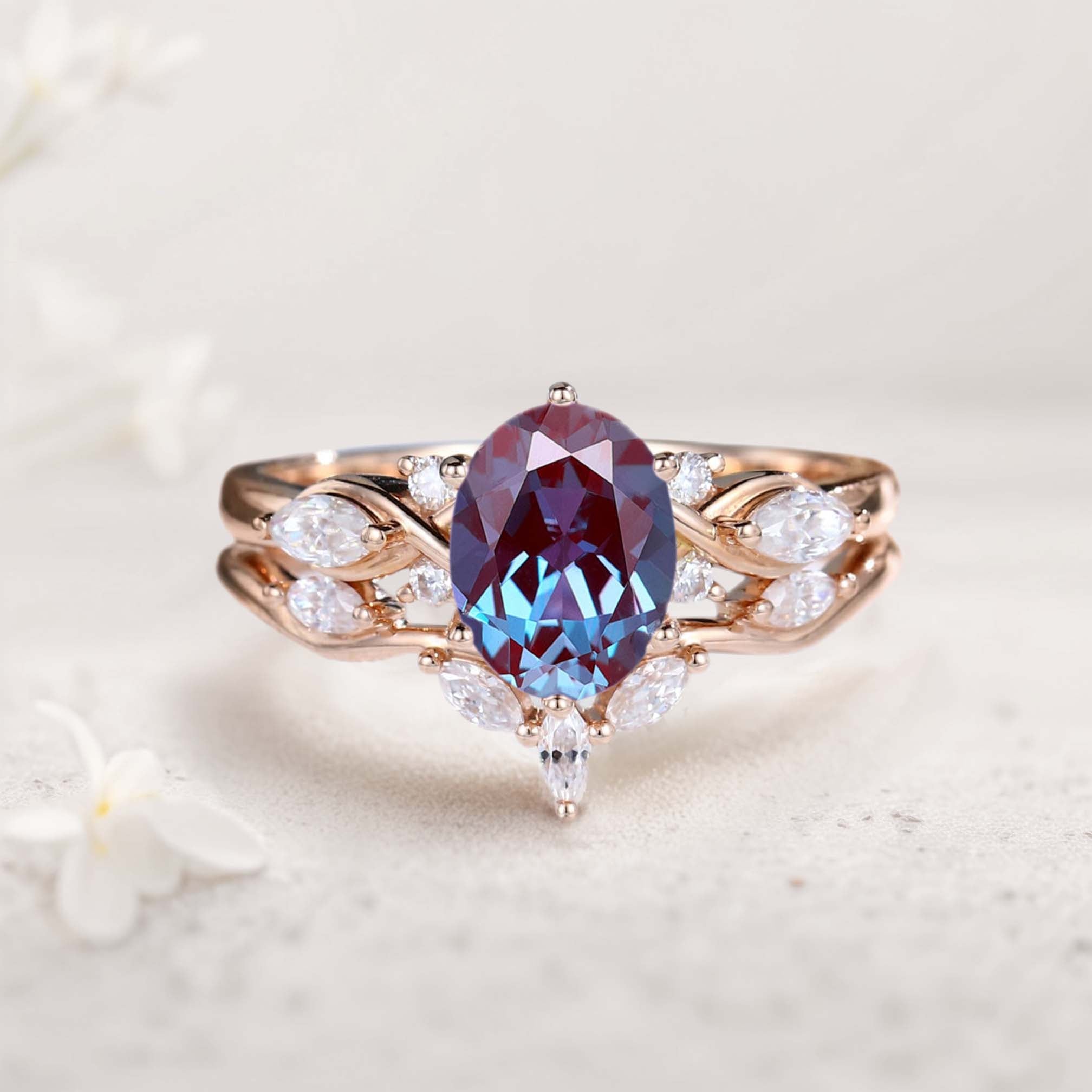 Vintage Oval Lab Alexandrite and Moissanite Curved 18K Rose Gold Wedding Ring Set Bridal Ring Set