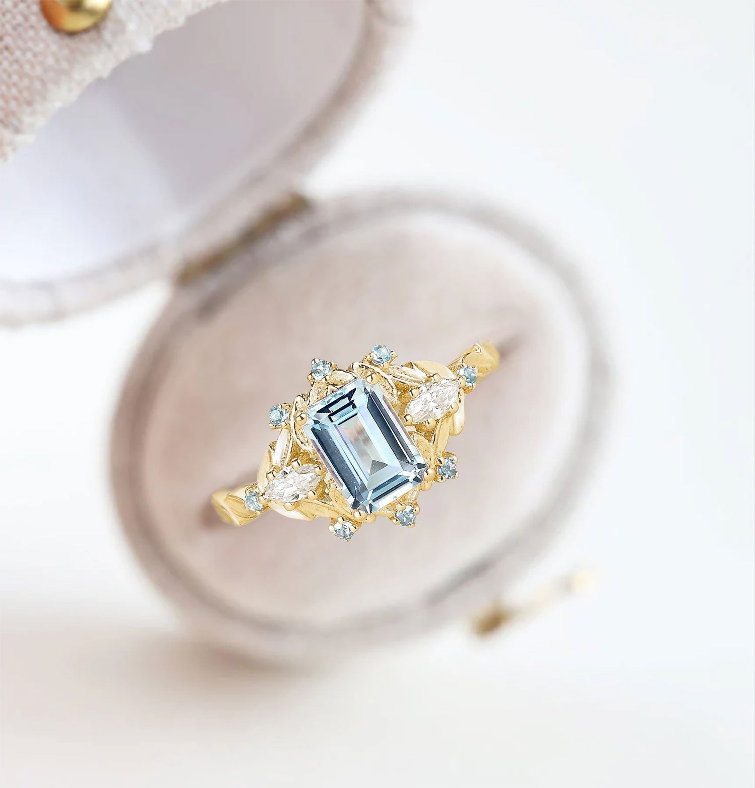Unique floral Emerald Cut Lab Aquamarine Flower Engagement Ring Aquamarine Halo Leaf 18K Yellow Gold Wedding Ring