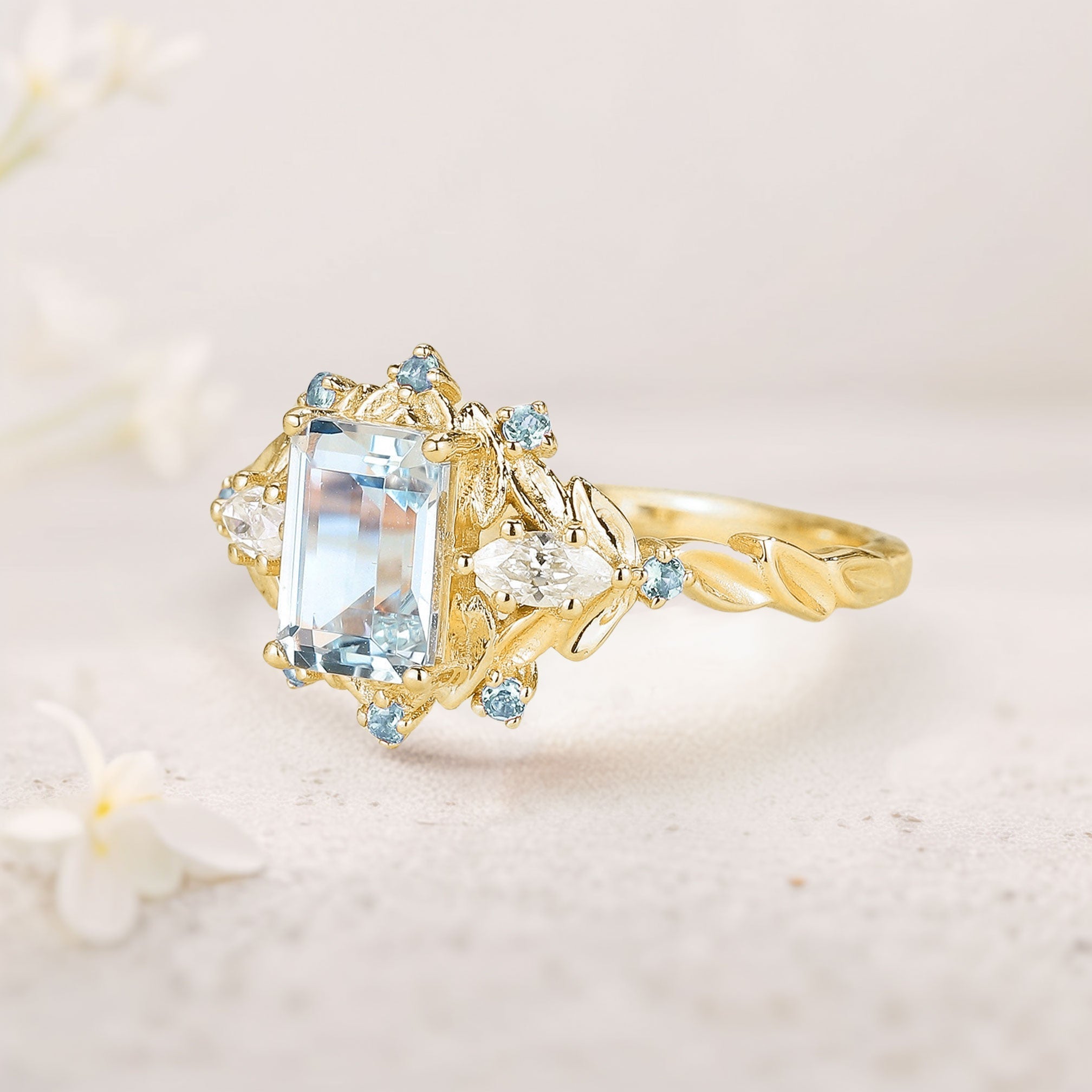 Unique floral Emerald Cut Lab Aquamarine Flower Engagement Ring Aquamarine Halo Leaf 18K Yellow Gold Wedding Ring