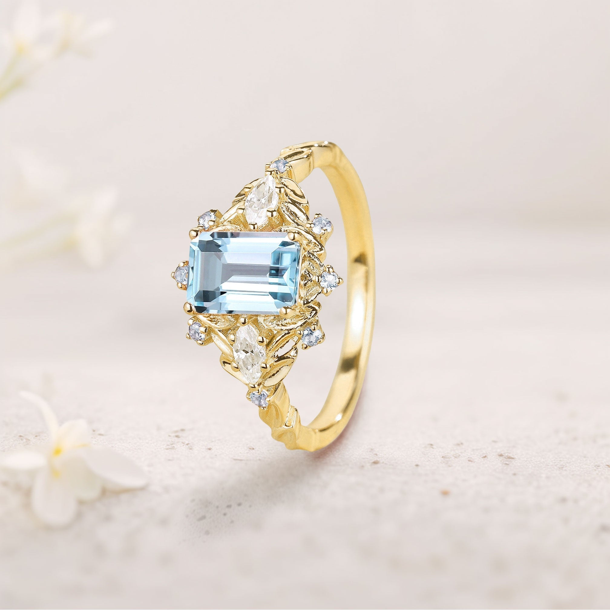 Unique floral Emerald Cut Lab Aquamarine Flower Engagement Ring Aquamarine Halo Leaf 18K Yellow Gold Wedding Ring