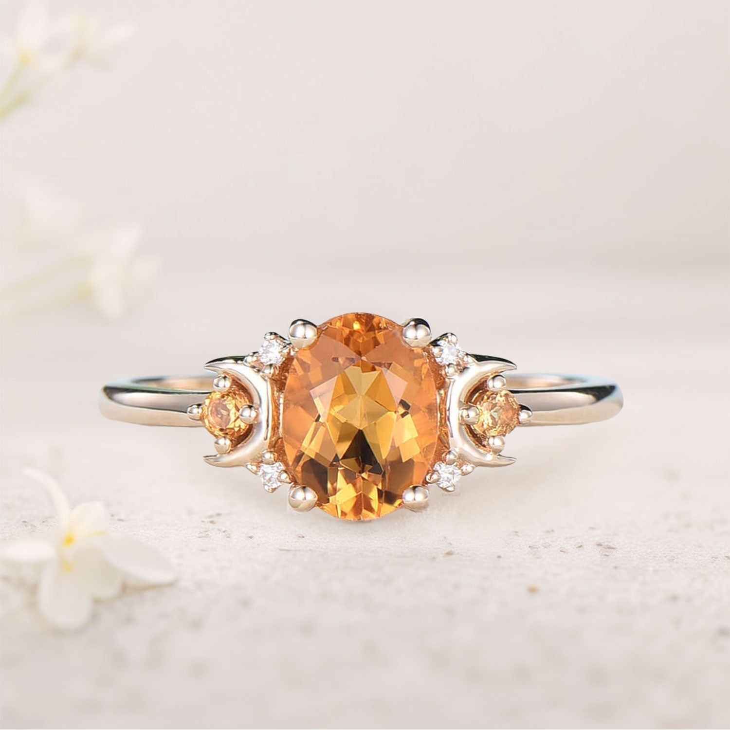 Vintage Oval Moon Inspired Citrine Engagement Ring Anniversary Ring Magic Crescent Moon 18K Yellow Gold Healing Gem Ring