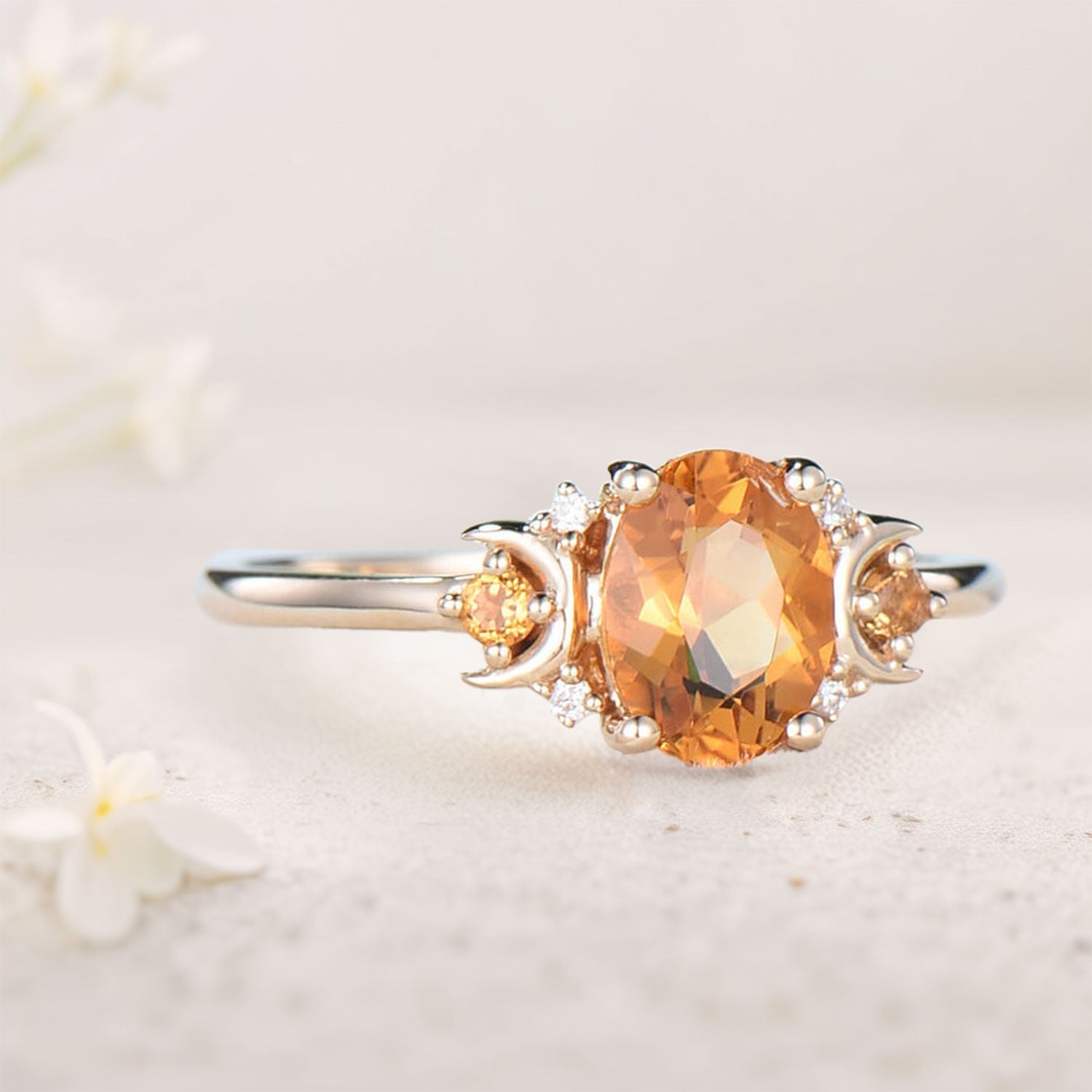 Vintage Oval Moon Inspired Citrine Engagement Ring Anniversary Ring Magic Crescent Moon 18K Yellow Gold Healing Gem Ring