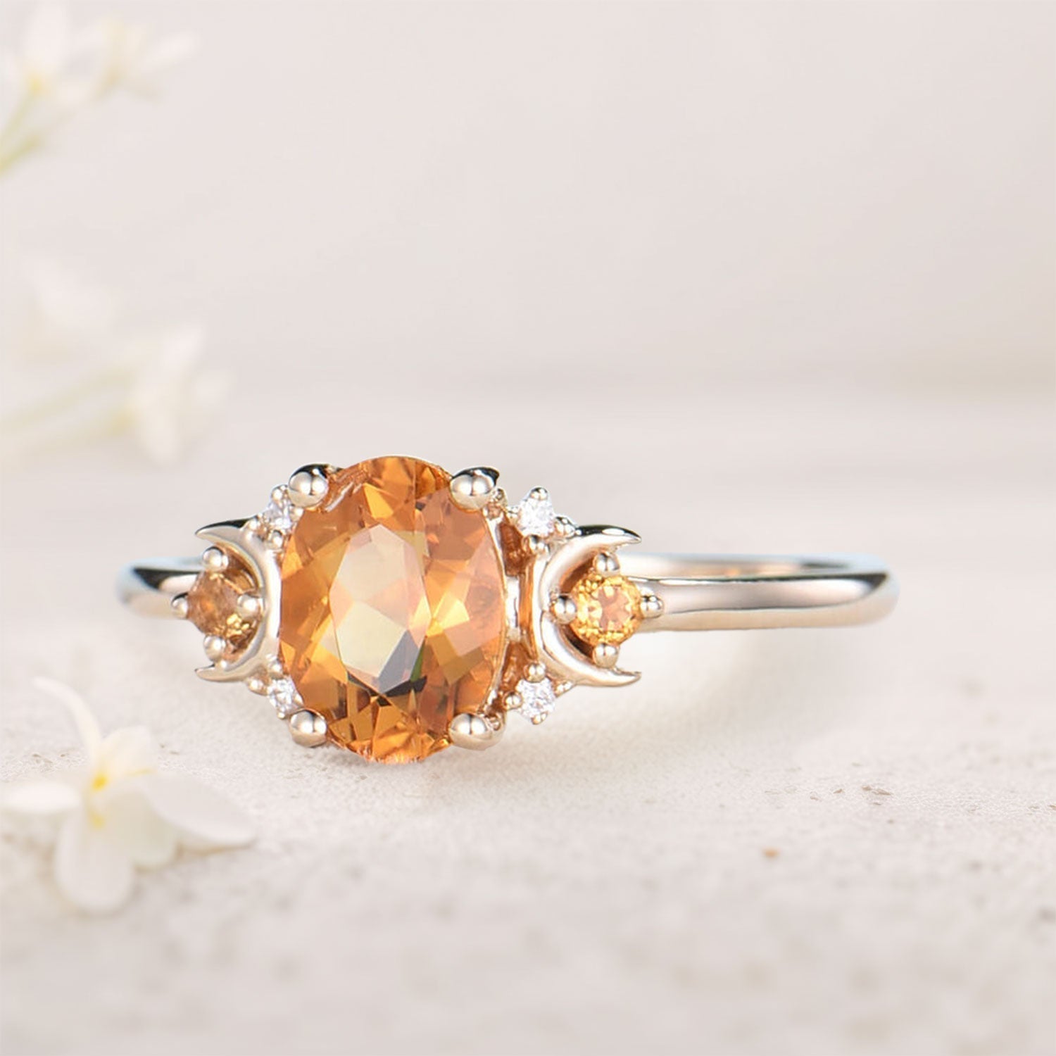 Vintage Oval Moon Inspired Citrine Engagement Ring Anniversary Ring Magic Crescent Moon 18K Yellow Gold Healing Gem Ring
