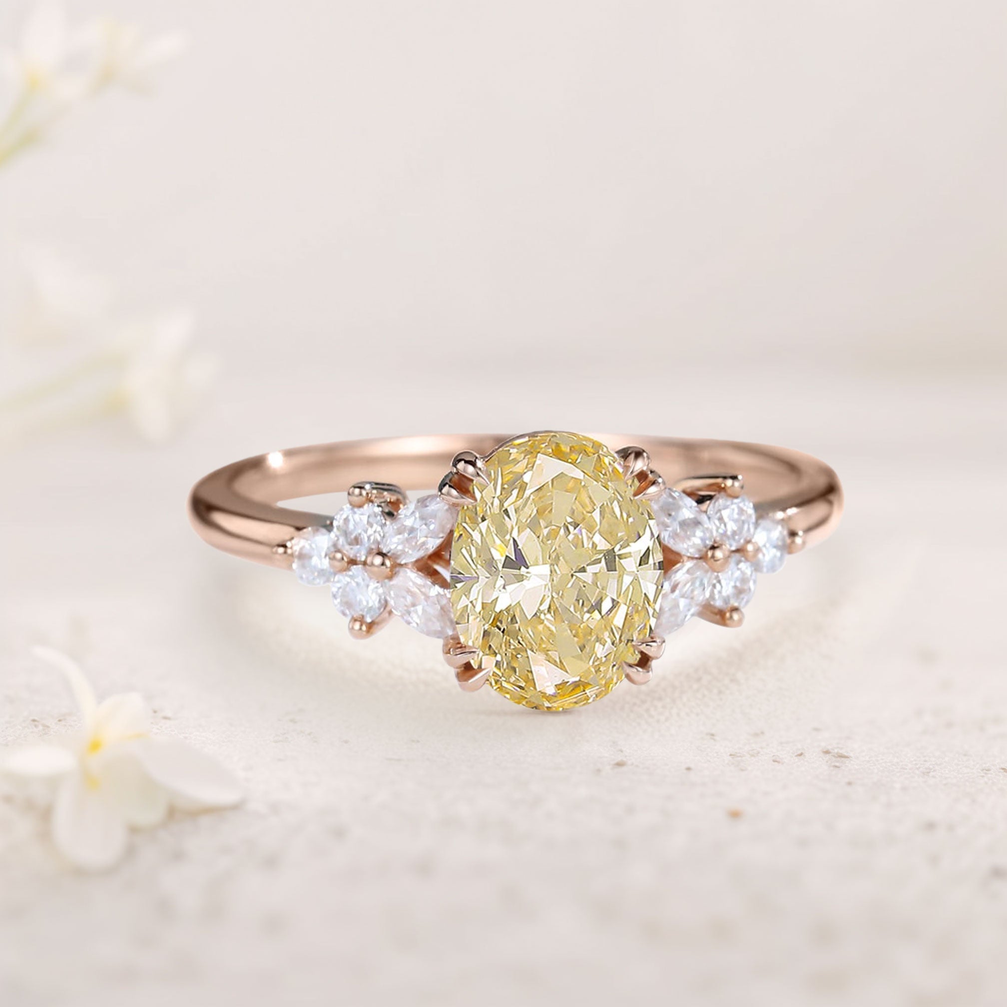 Unique Oval Citrine Blossom 18K Rose Gold Engagement Ring