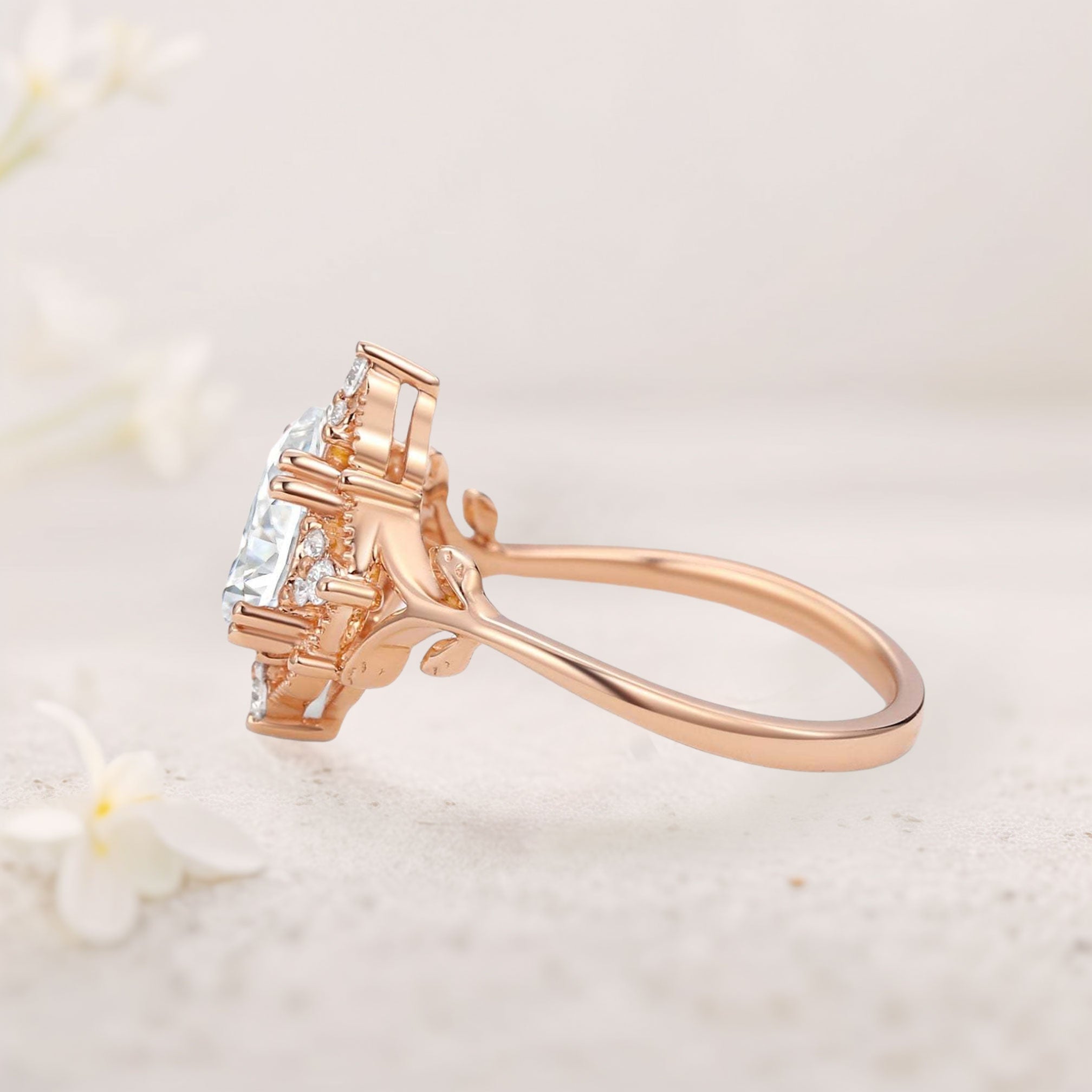Vintage floral engagement rings Pear Moissanite Leafy 18K Yellow Gold Engagement Ring