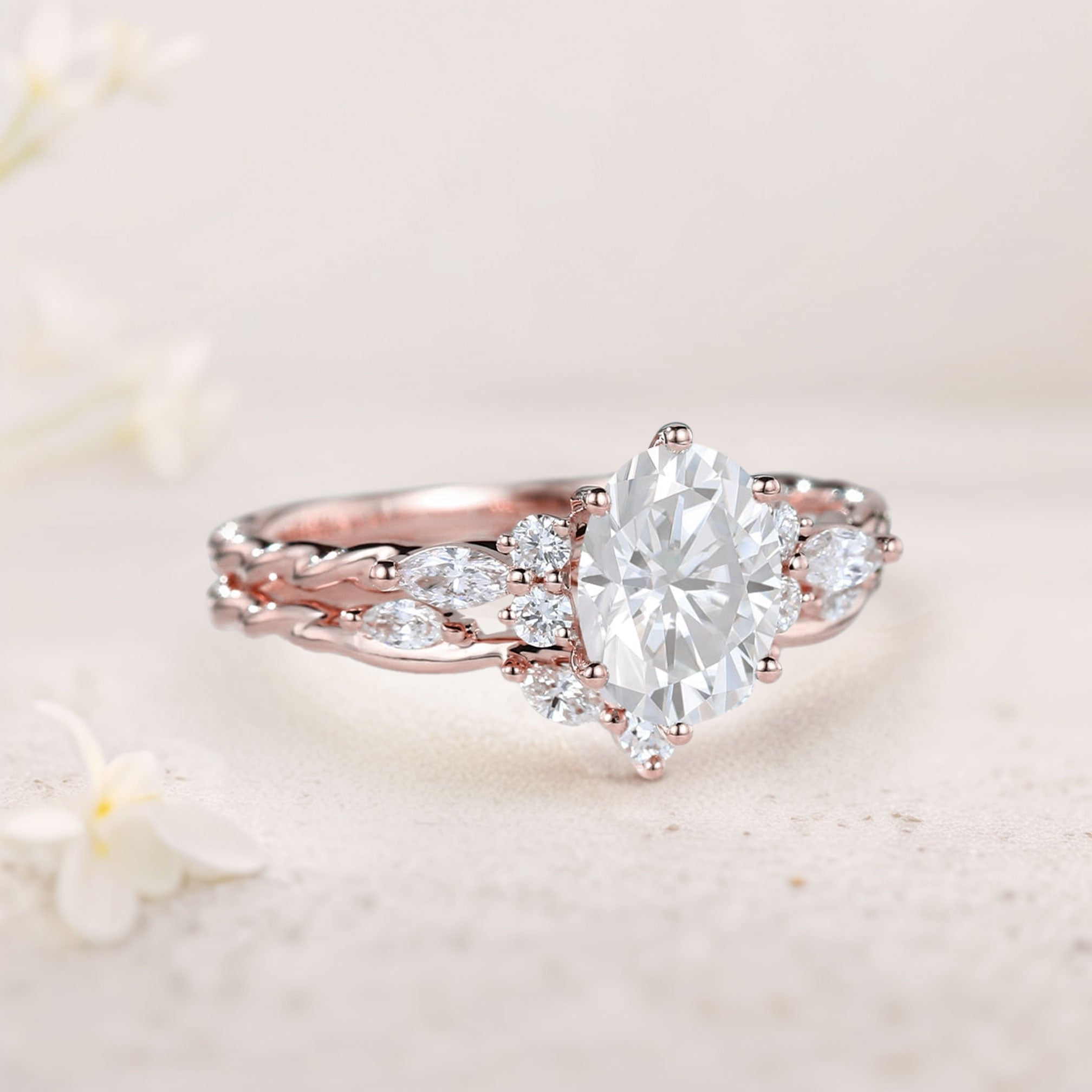 Unique Oval Forever One Moissanite Bridal Ring Set Twisted 18K Rose Gold Engagement Ring