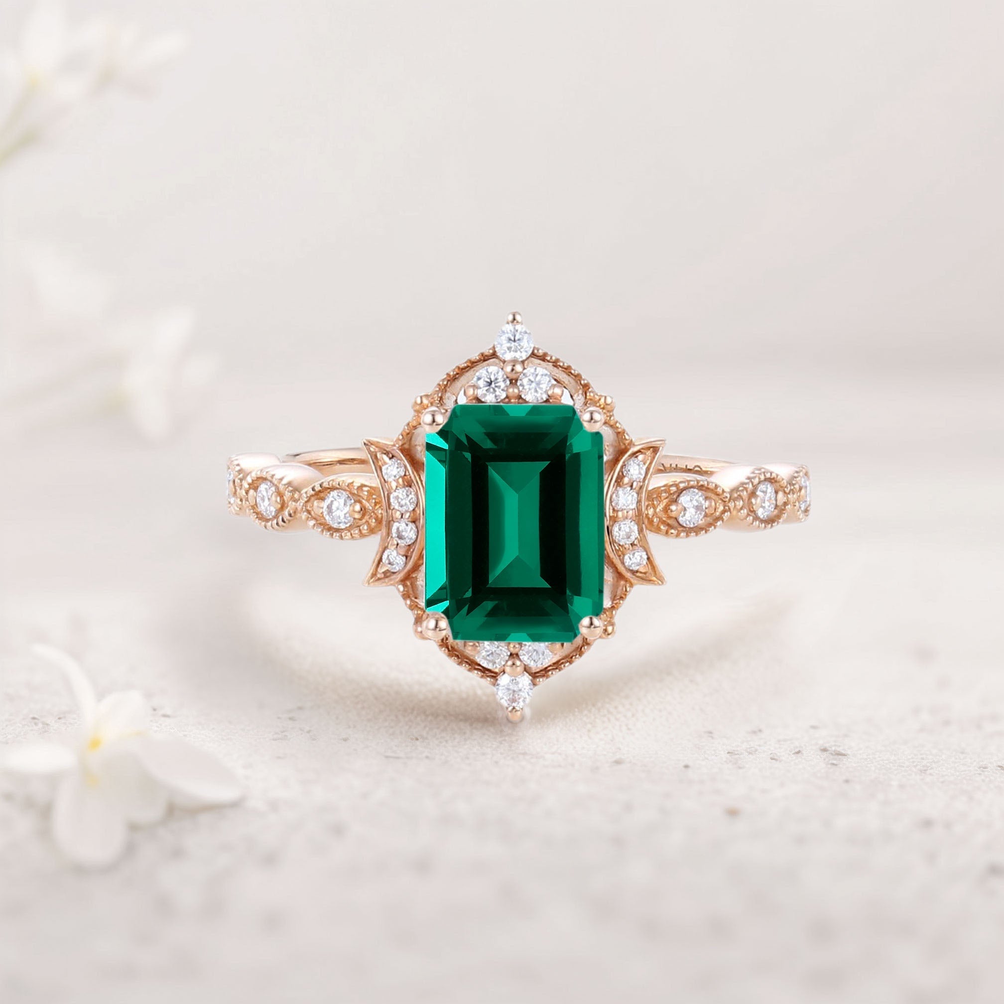 Vintage Lab Emerald 18K Yellow Gold Engagement Ring Whimsical Charm Bridal Ring