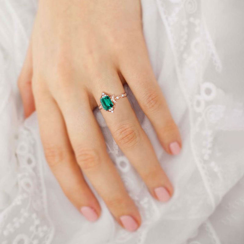 Vintage Lab Emerald 18K Yellow Gold Engagement Ring Whimsical Charm Bridal Ring
