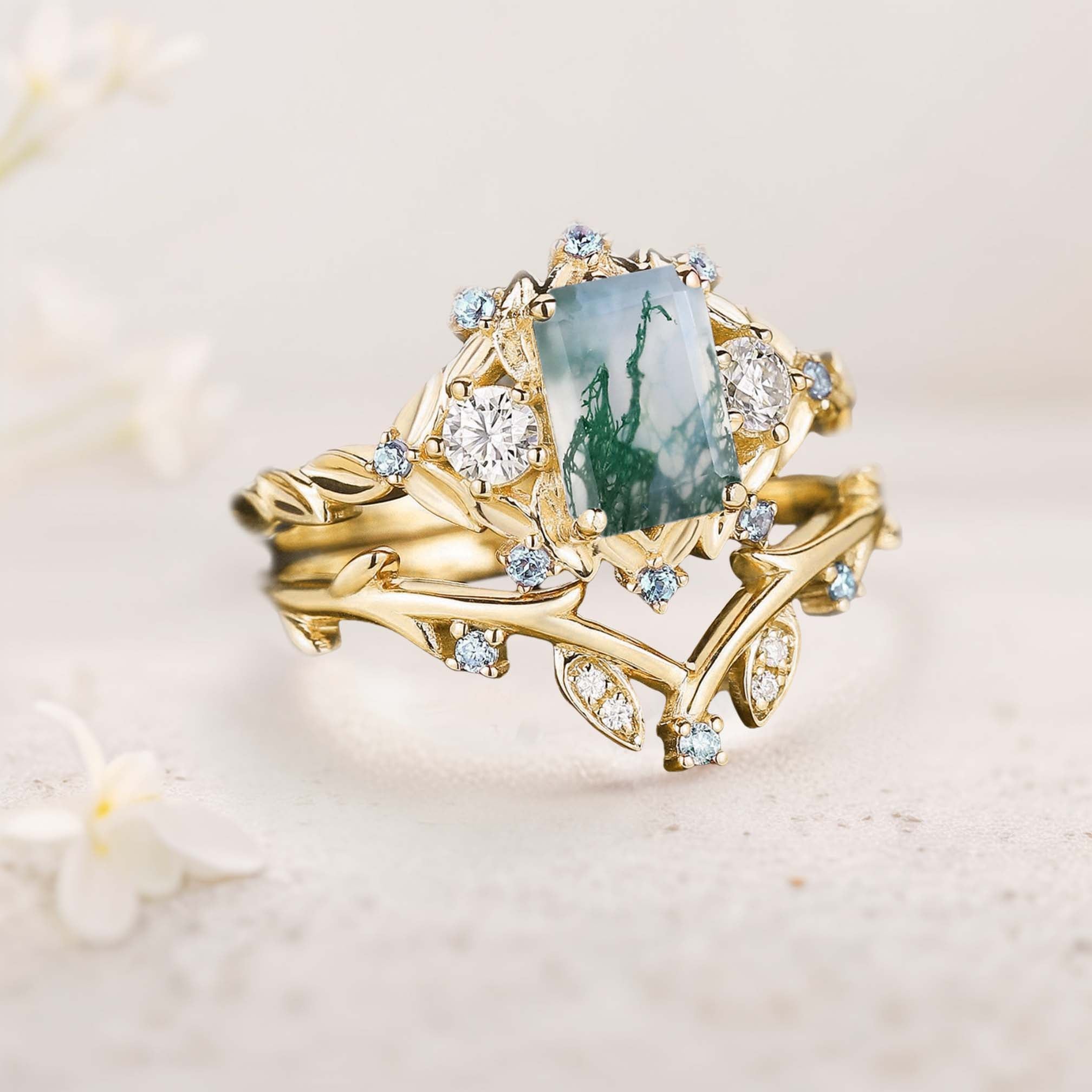 Unique floral engagement rings Emerald Cut Moss Agate Floral 18K Yellow Gold Wedding Ring Promise Bridal Set