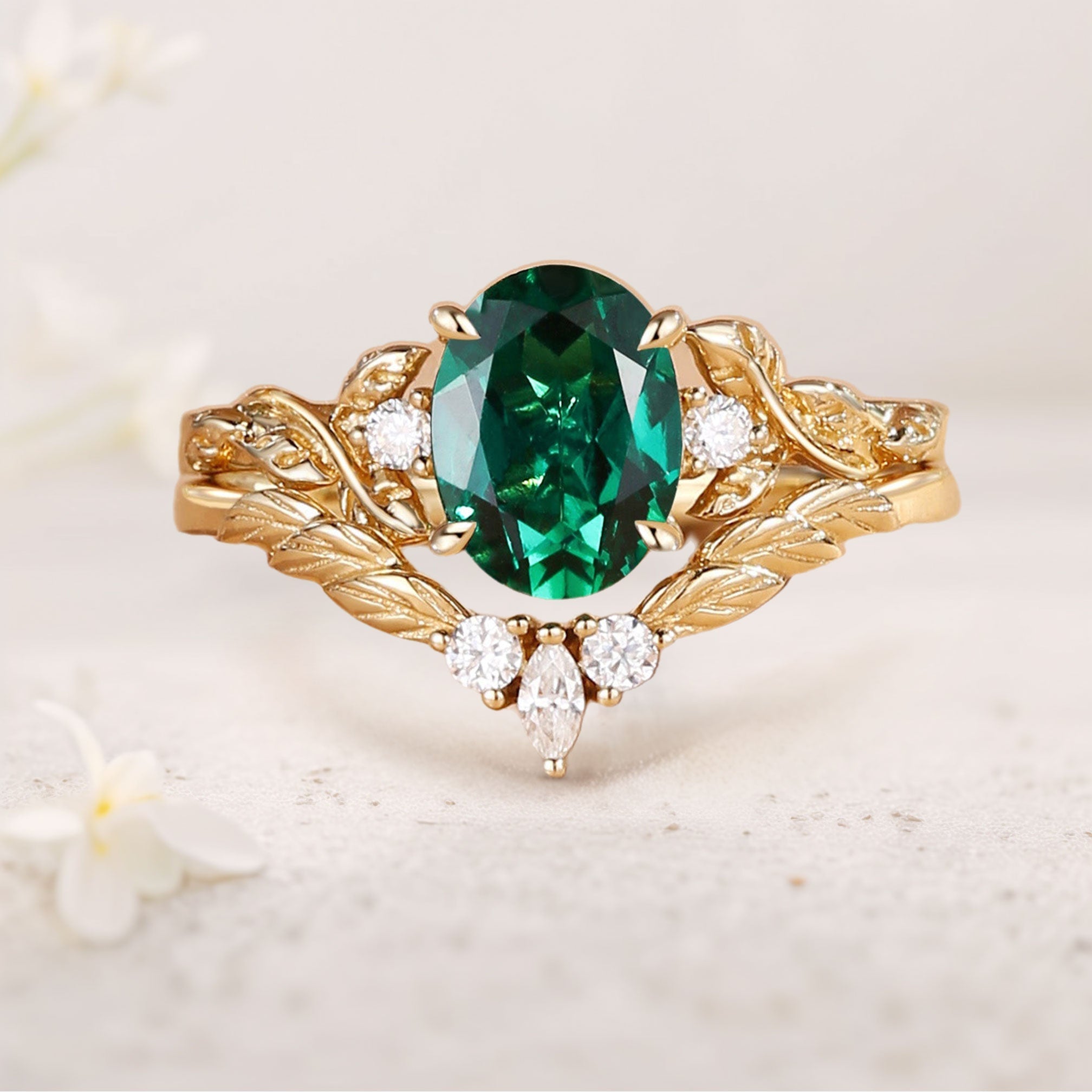 Unique floral engagement rings Nature Inspired Oval Lab Emerald 18K Yellow Gold Engagement Ring Set