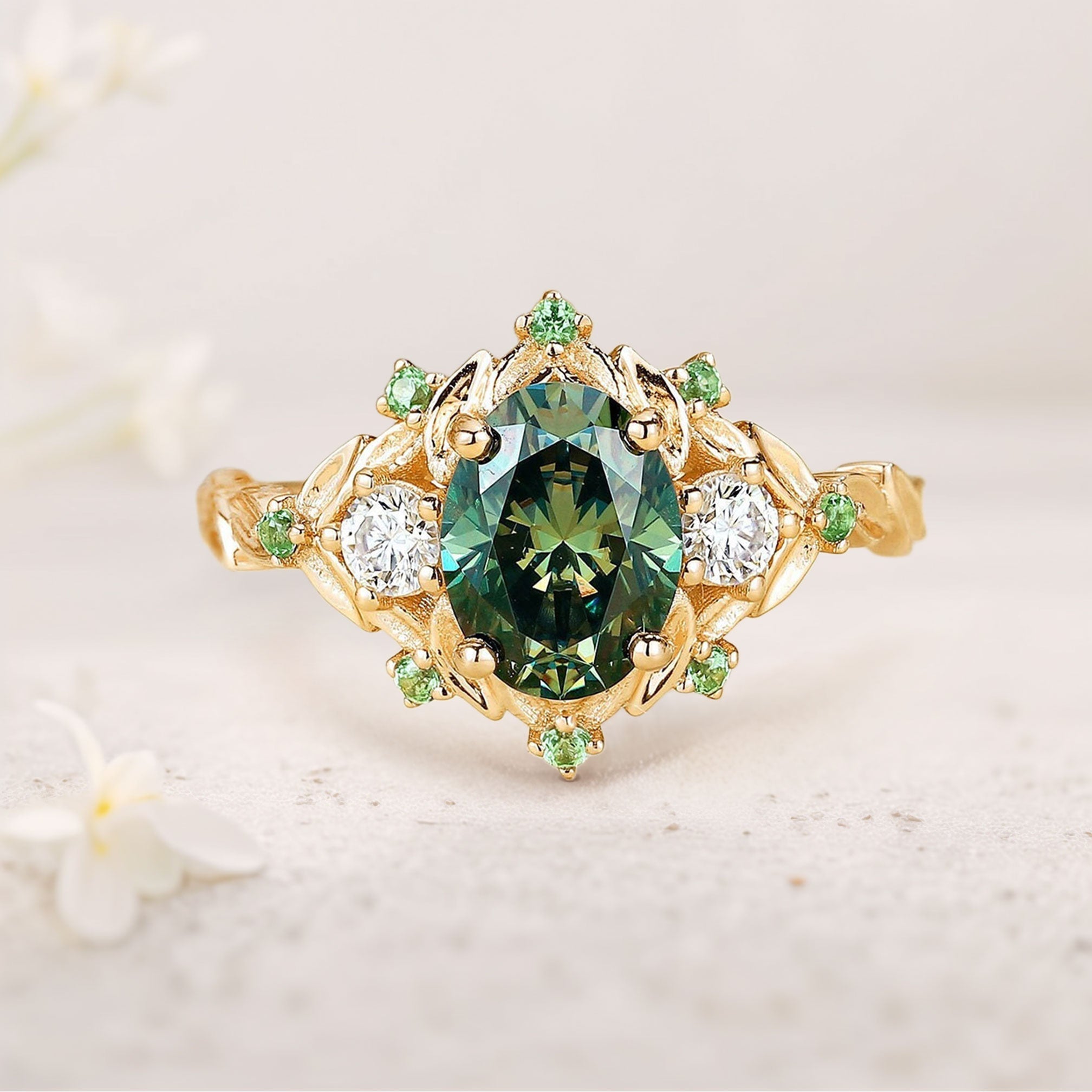 Vintage floral engagement rings Oval Green Moissanite Flower 18K Yellow Gold Engagement Ring Halo Promise Ring