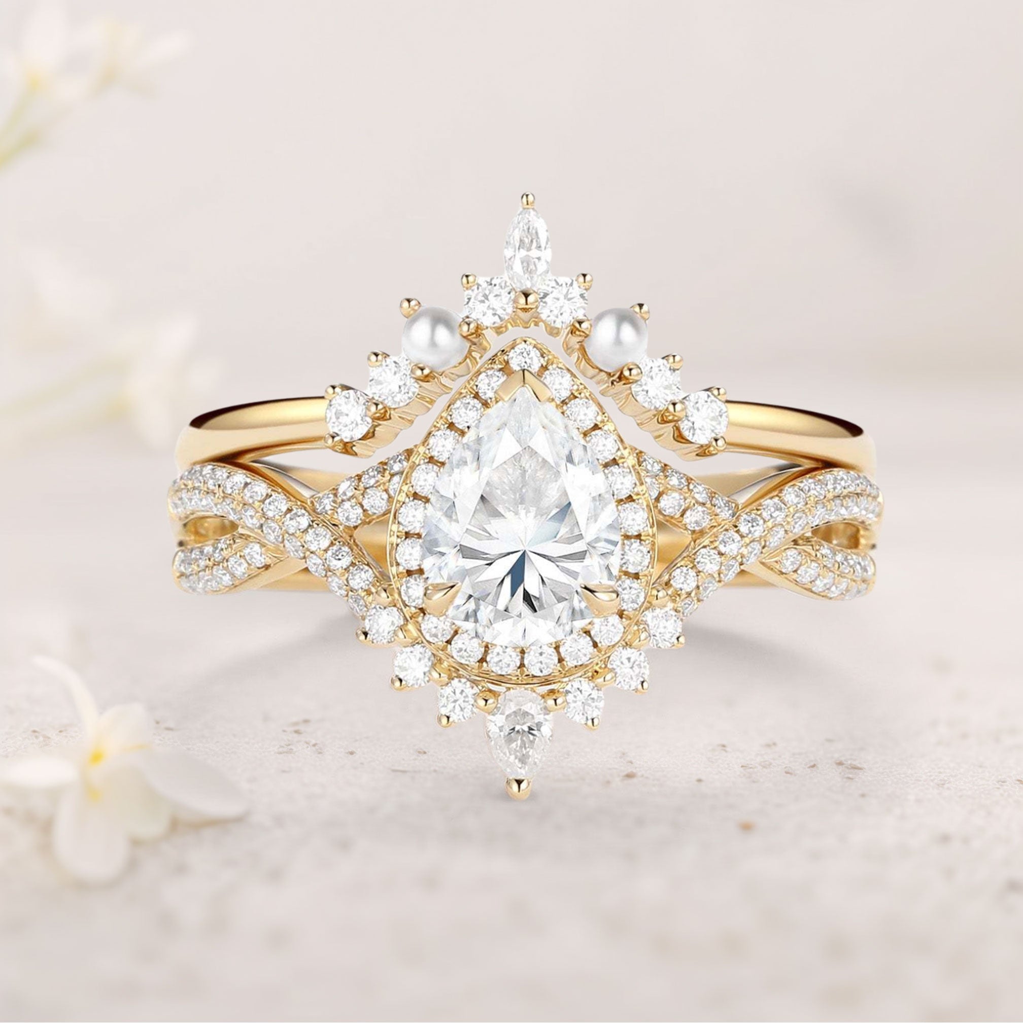Vintage floral engagement rings Pear Moissanite and Pearl Halo 18K Yellow Gold Infinity Ring Set