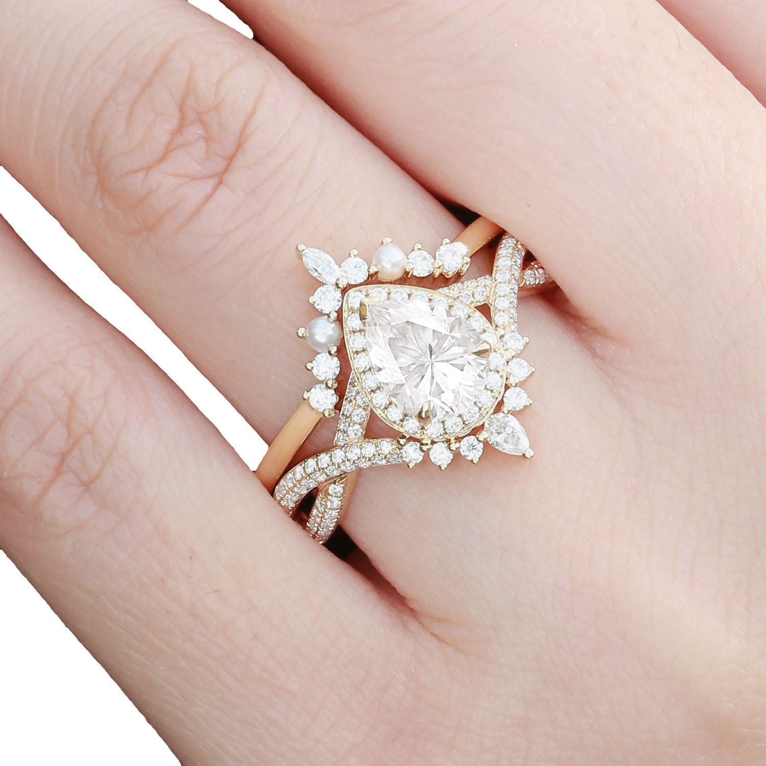 Vintage floral engagement rings Pear Moissanite and Pearl Halo 18K Yellow Gold Infinity Ring Set