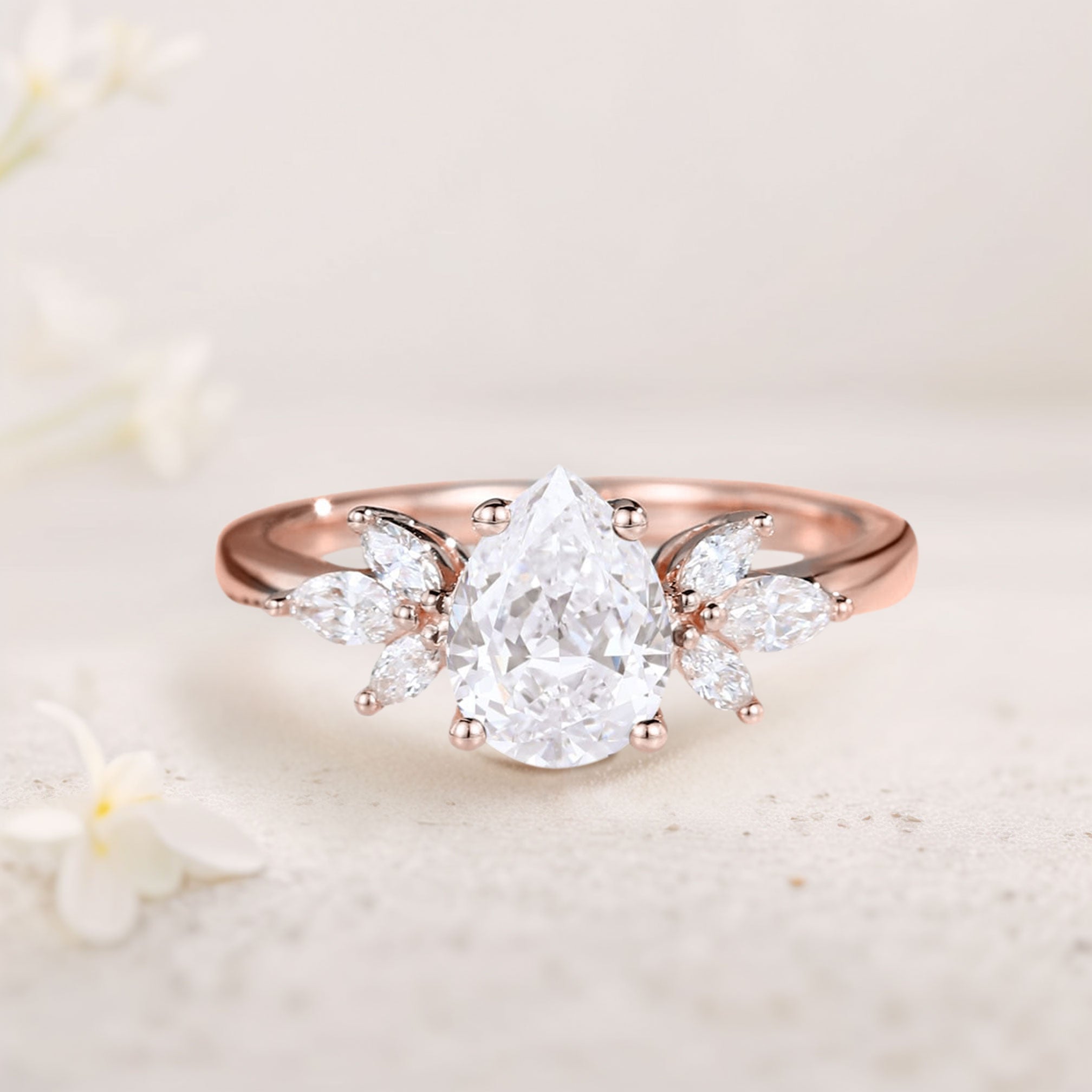 Unique Pear Moissanite 18K Rose Gold Engagement Ring Simple Cluster Bridal Ring