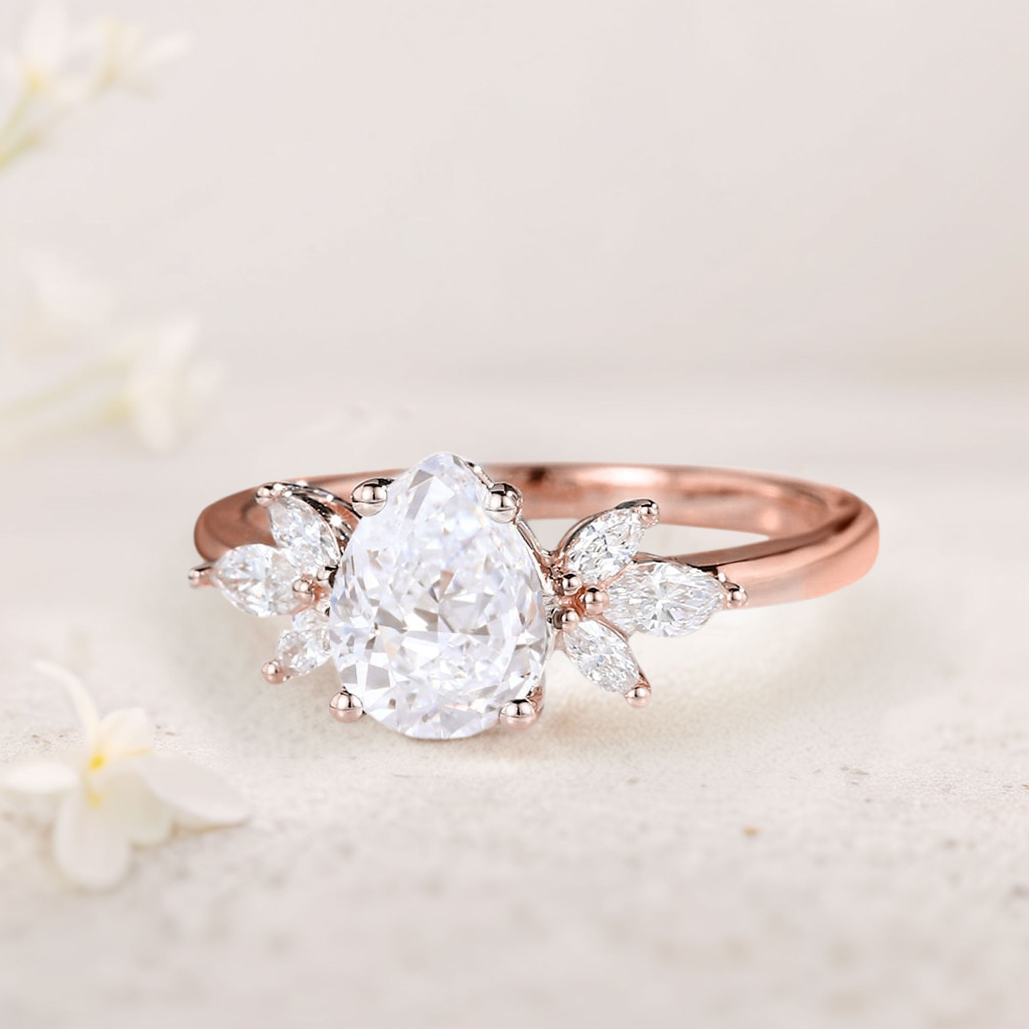 Unique Pear Moissanite 18K Rose Gold Engagement Ring Simple Cluster Bridal Ring