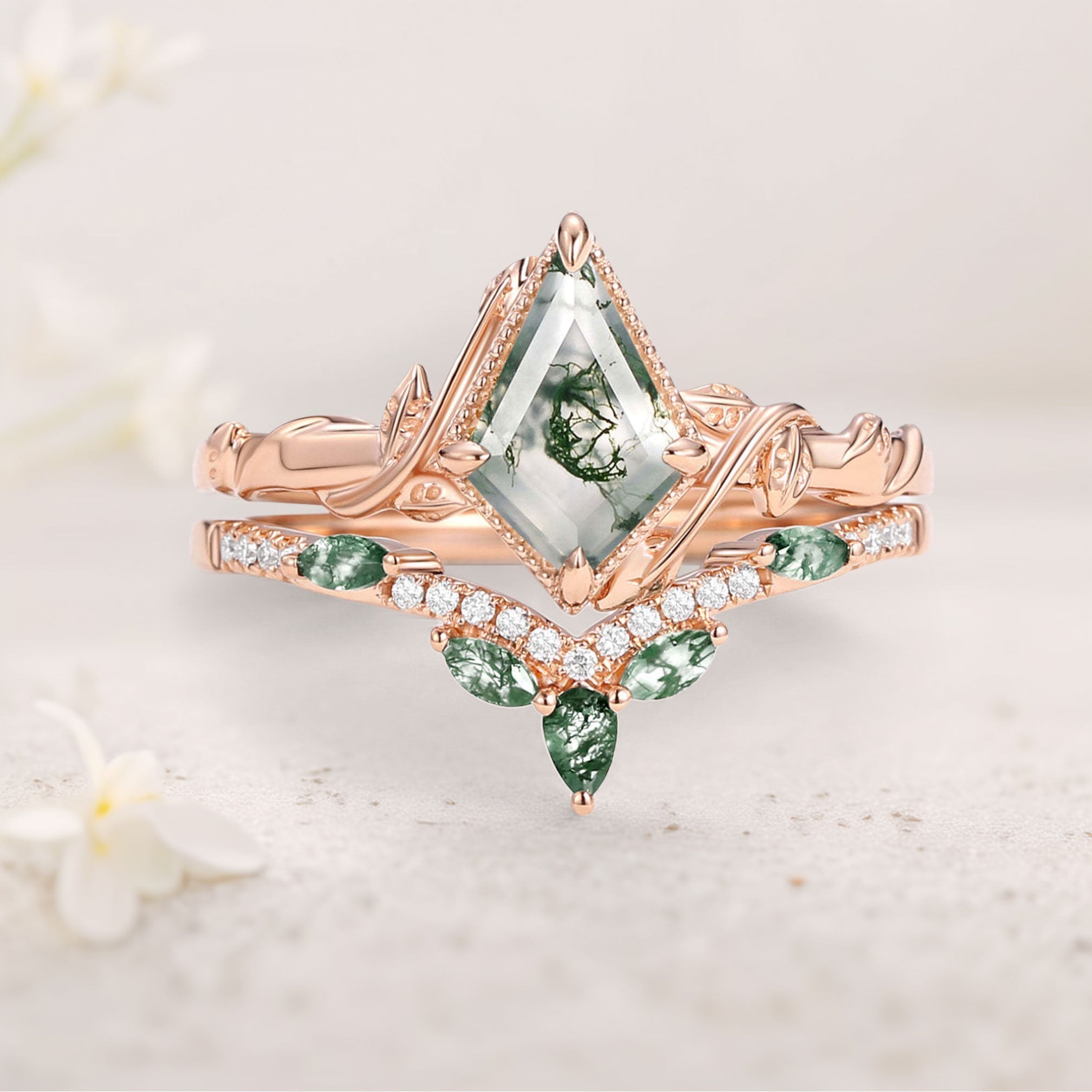 Unique floral engagement rings Vine Kite Moss Agate Leafy 18K Yellow Gold Engagement Ring Set