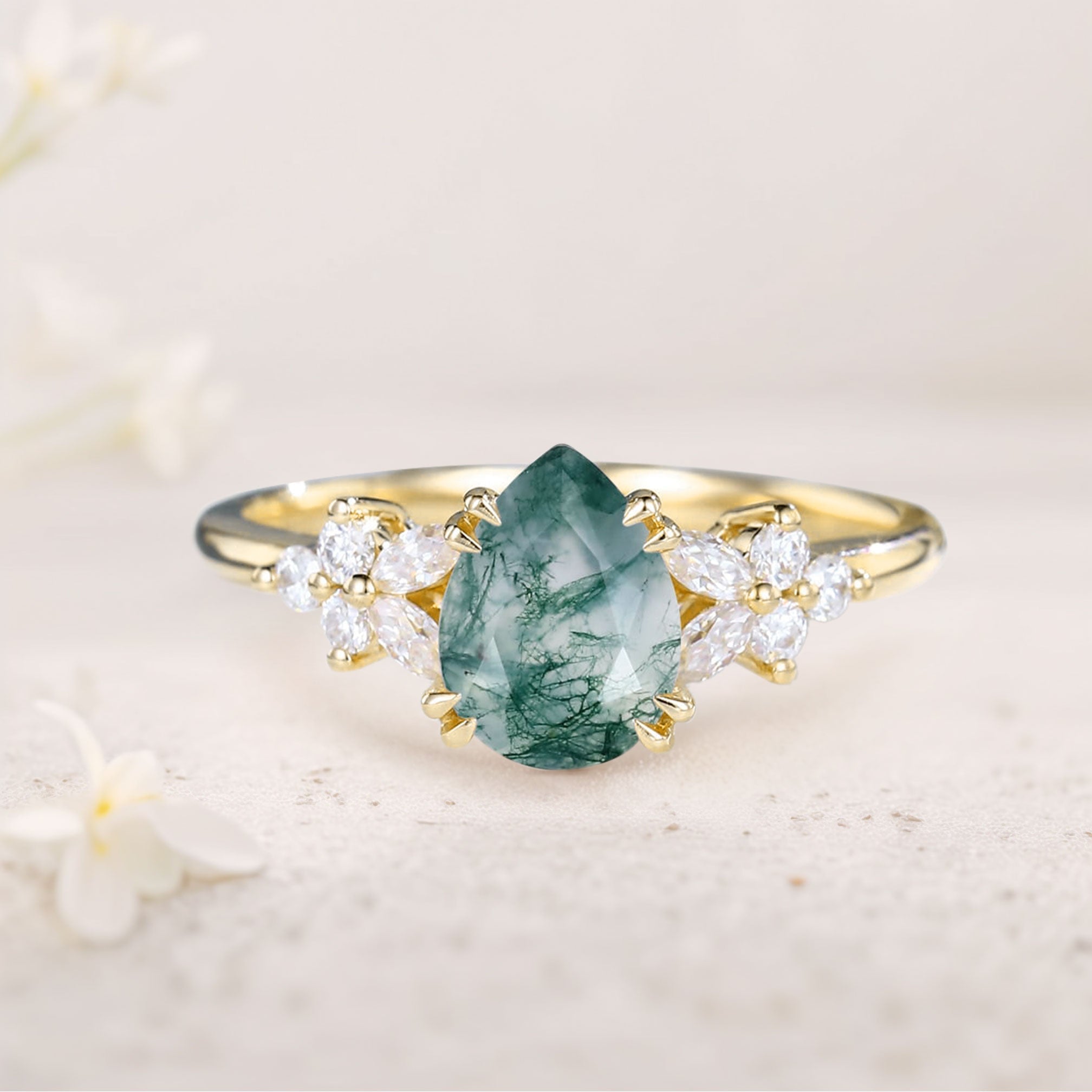 Vintage Pear Moss Agate Twisted 18K Yellow Gold Engagement Ring