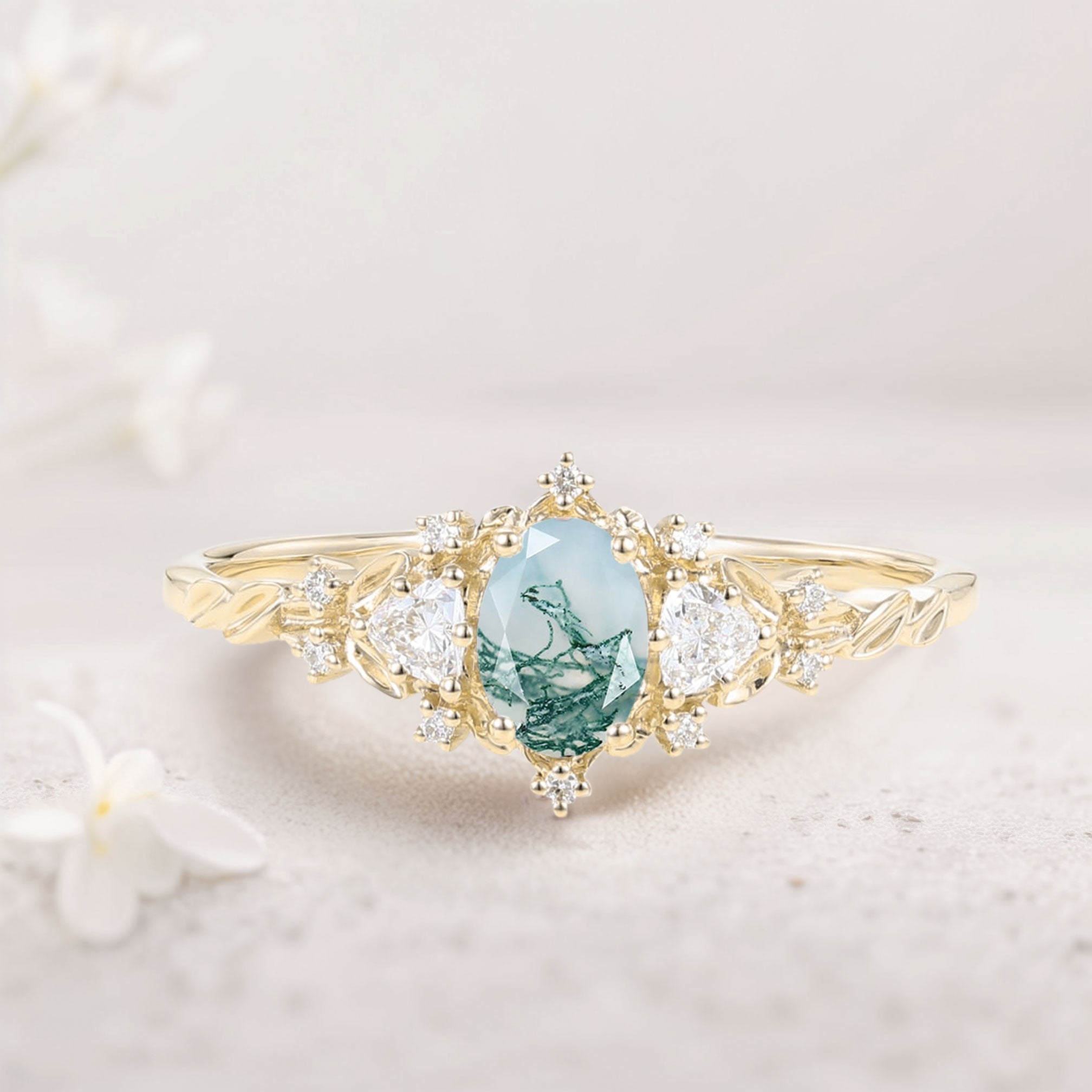Classic Briar Rose Oval Moss Agate Olive Leaves 18K Yellow Gold Engagement Ring Fairy Ring