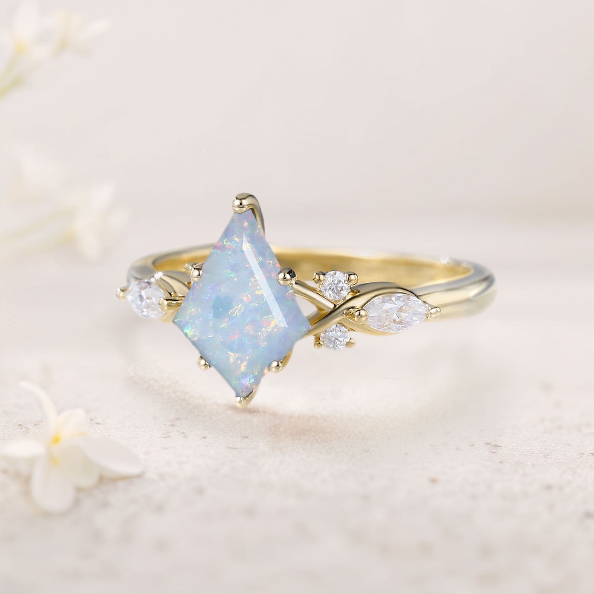 Unique Kite Lab Opal 18K White Gold Engagement Ring Art Deco Promise Ring