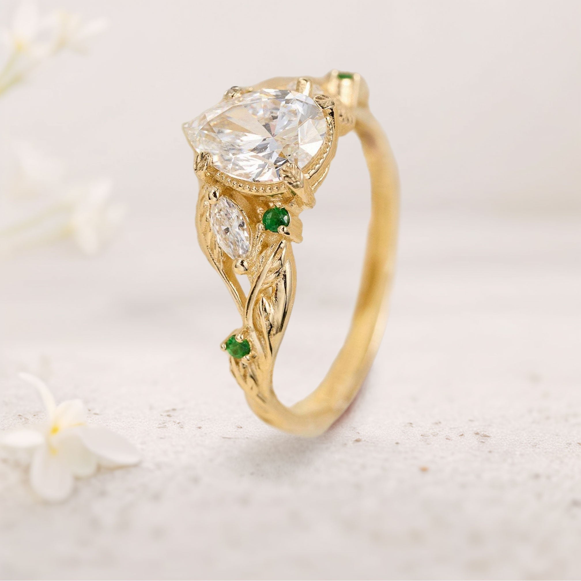 Unique floral engagement rings Pear Moissanite With leaves 18K Yellow Gold Engagement Ring