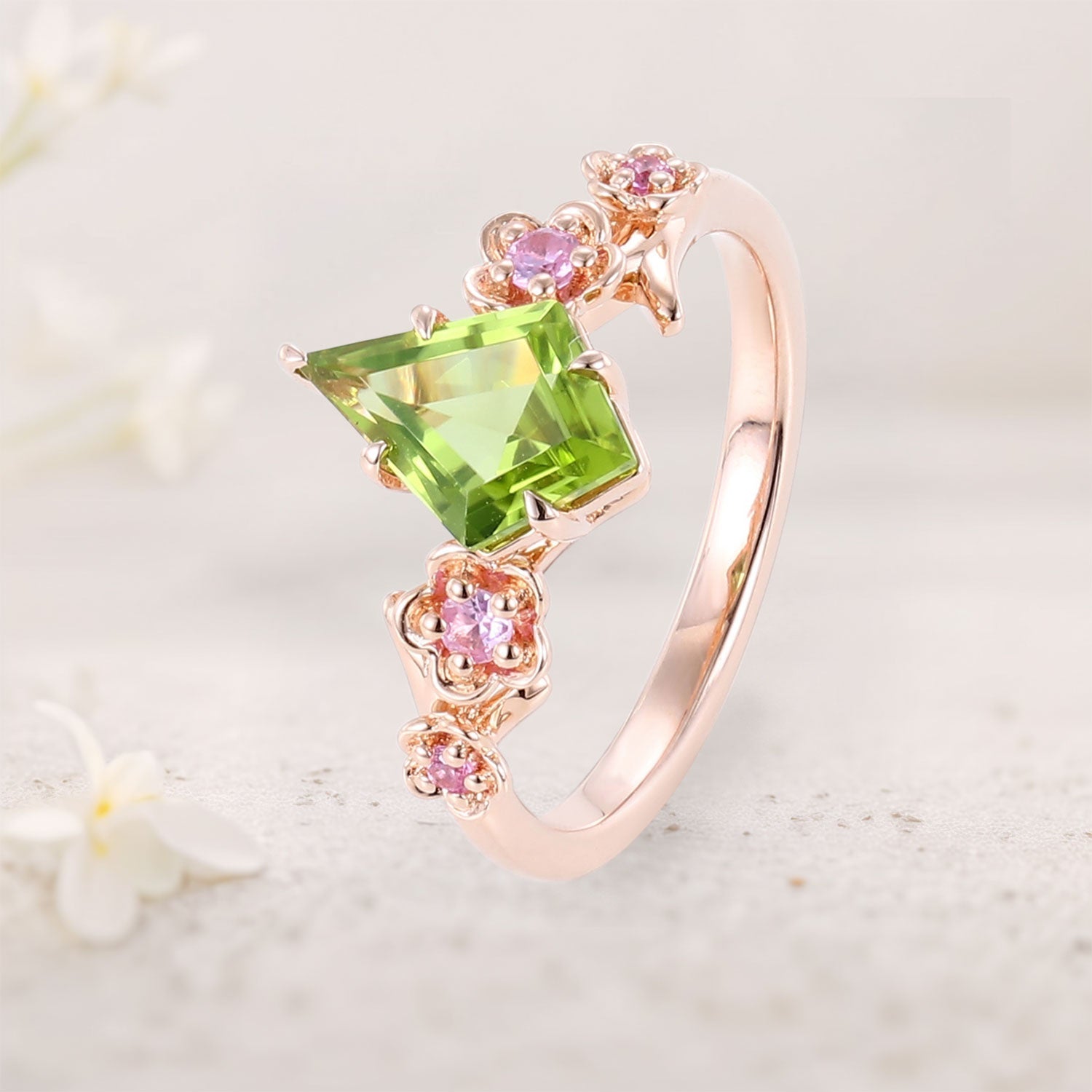 Unique Kite Peridot Blossom 18K Rose Gold Engagement Ring Charming Flora Bridal Ring