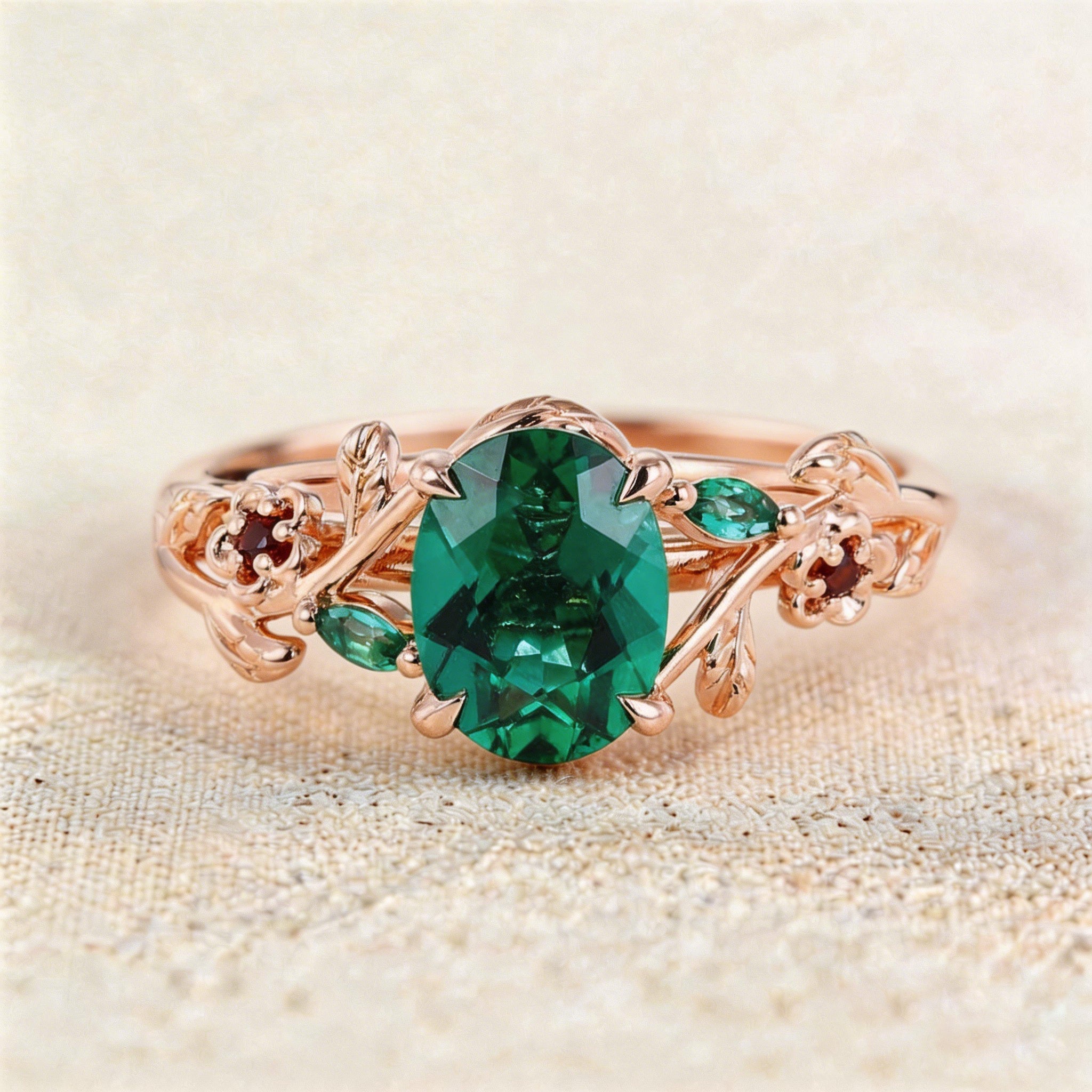 Unique Oval Lab Emerald Engagement Ring with Lab Ruby Accents - Oore Jewelry