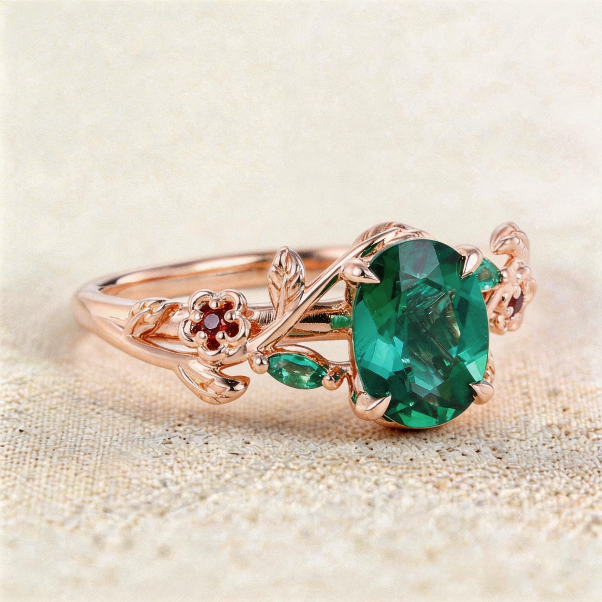 Unique Oval Lab Emerald Engagement Ring with Lab Ruby Accents - Oore Jewelry