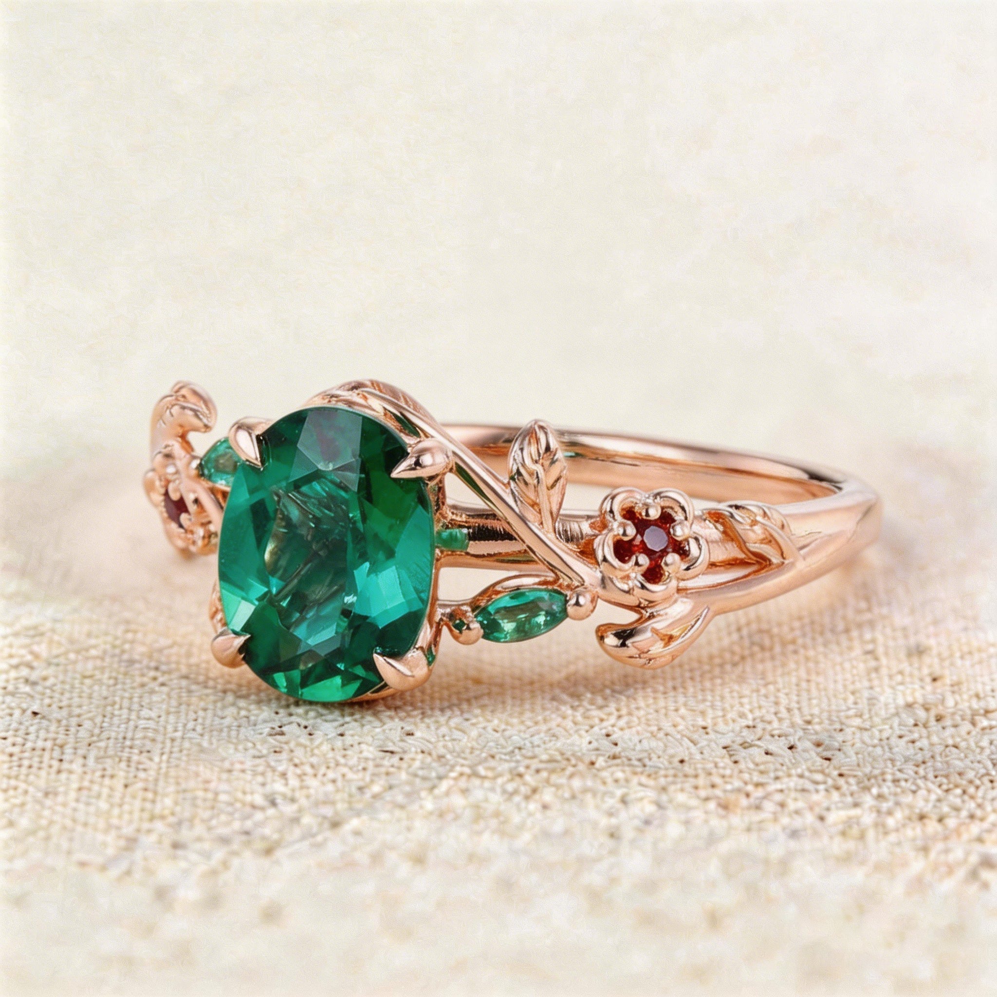 Unique Oval Lab Emerald Engagement Ring with Lab Ruby Accents - Oore Jewelry