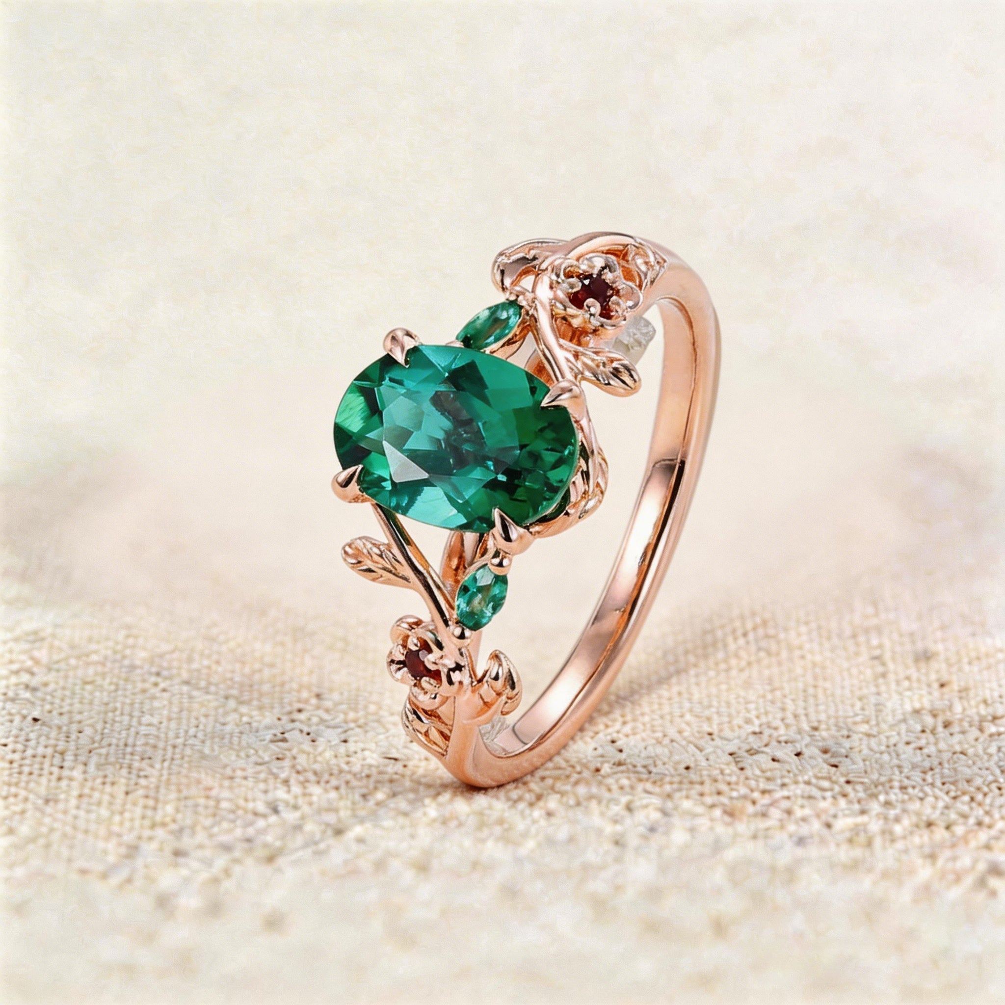 Unique Oval Lab Emerald Engagement Ring with Lab Ruby Accents - Oore Jewelry