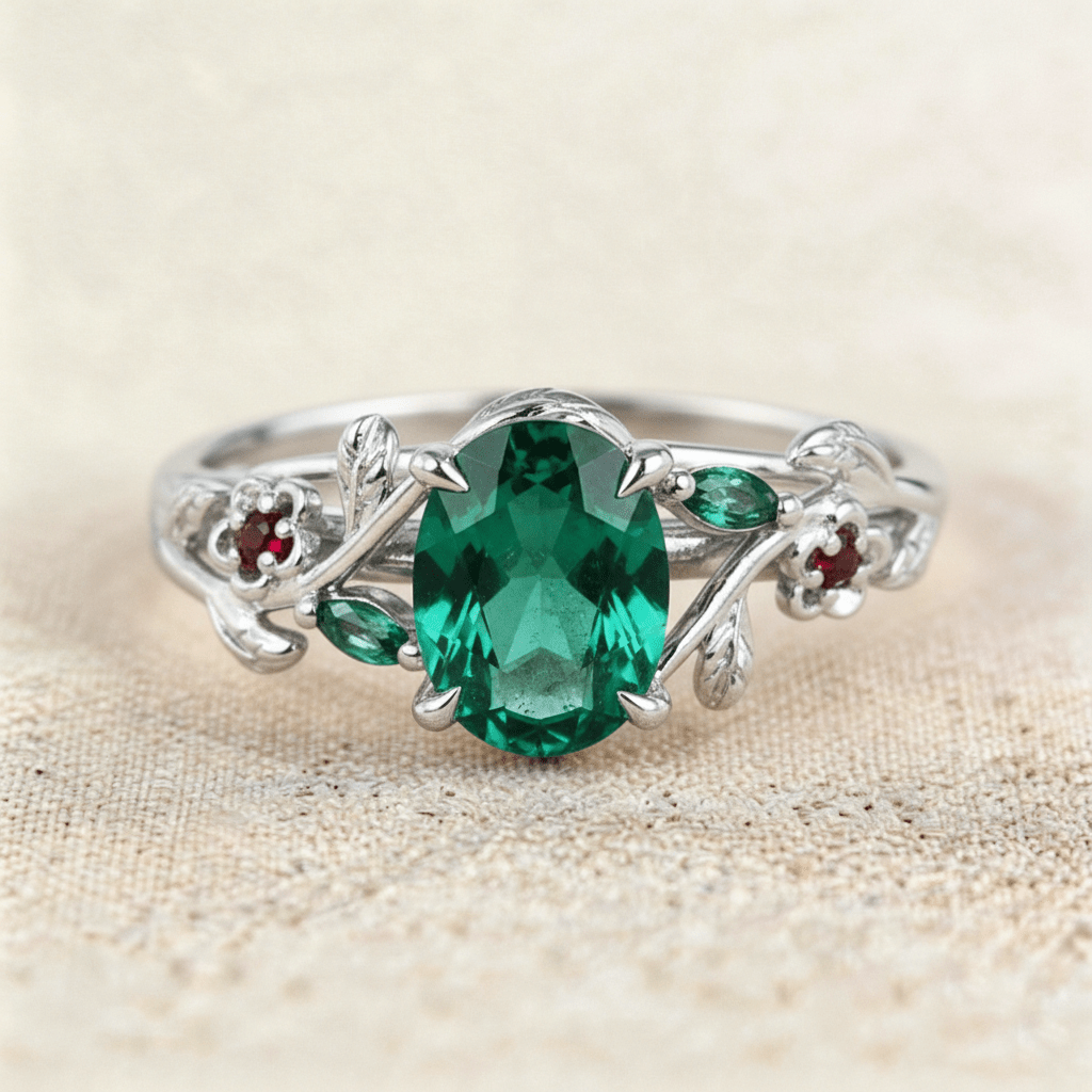 Unique Oval Lab Emerald Engagement Ring with Lab Ruby Accents - Oore Jewelry